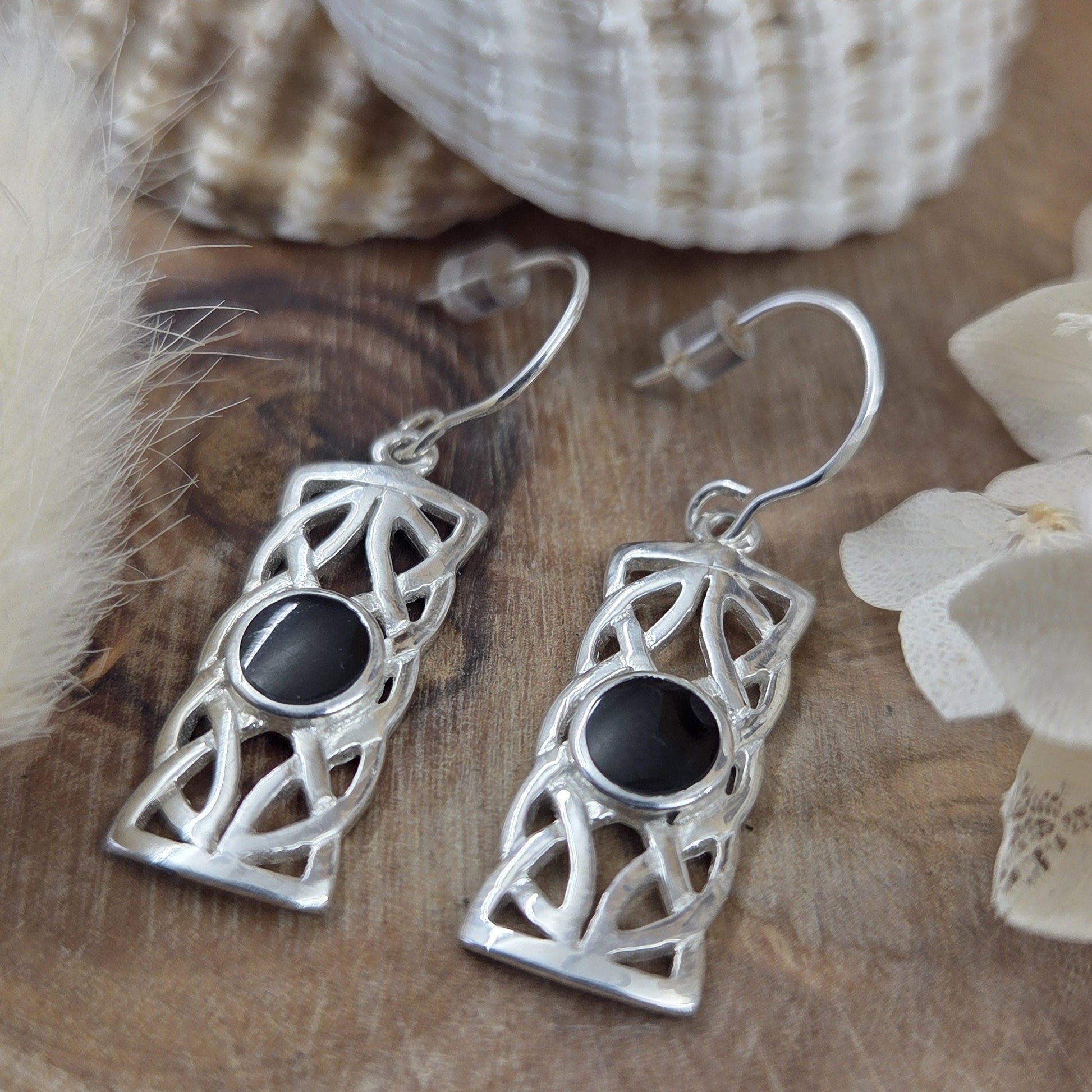 Handmade Whitby Jet Celtic Style Box Drop Earrings | Sterling Silver Jones Stones