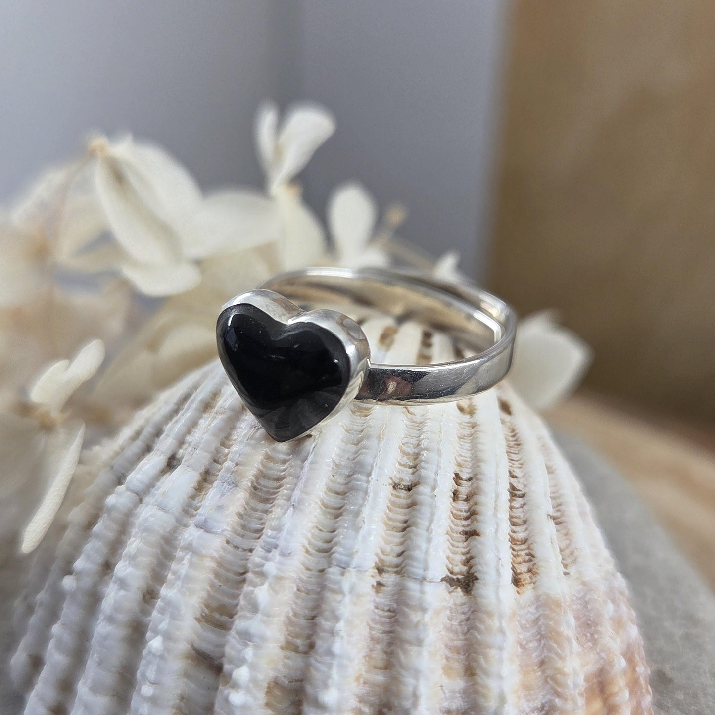Whitby Jet Heart Adjustable Silver Ring | Whitby Jet Ring | Whitby Jet | Celtic Jewellery | Handmade Ring | Ring | Heart Ring Jones Stones
