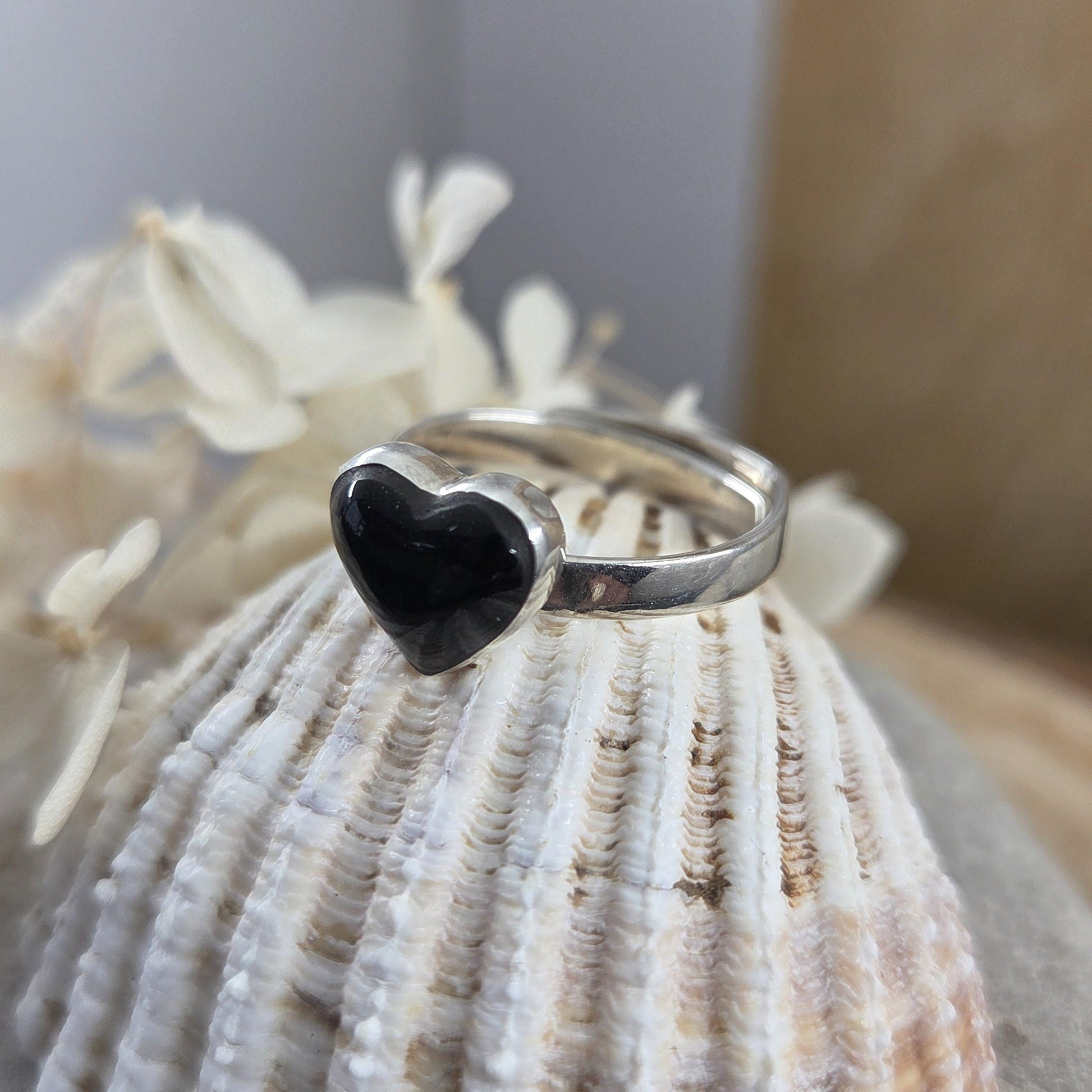 Whitby Jet Heart Adjustable Silver Ring | Whitby Jet Ring | Whitby Jet | Celtic Jewellery | Handmade Ring | Ring | Heart Ring Jones Stones