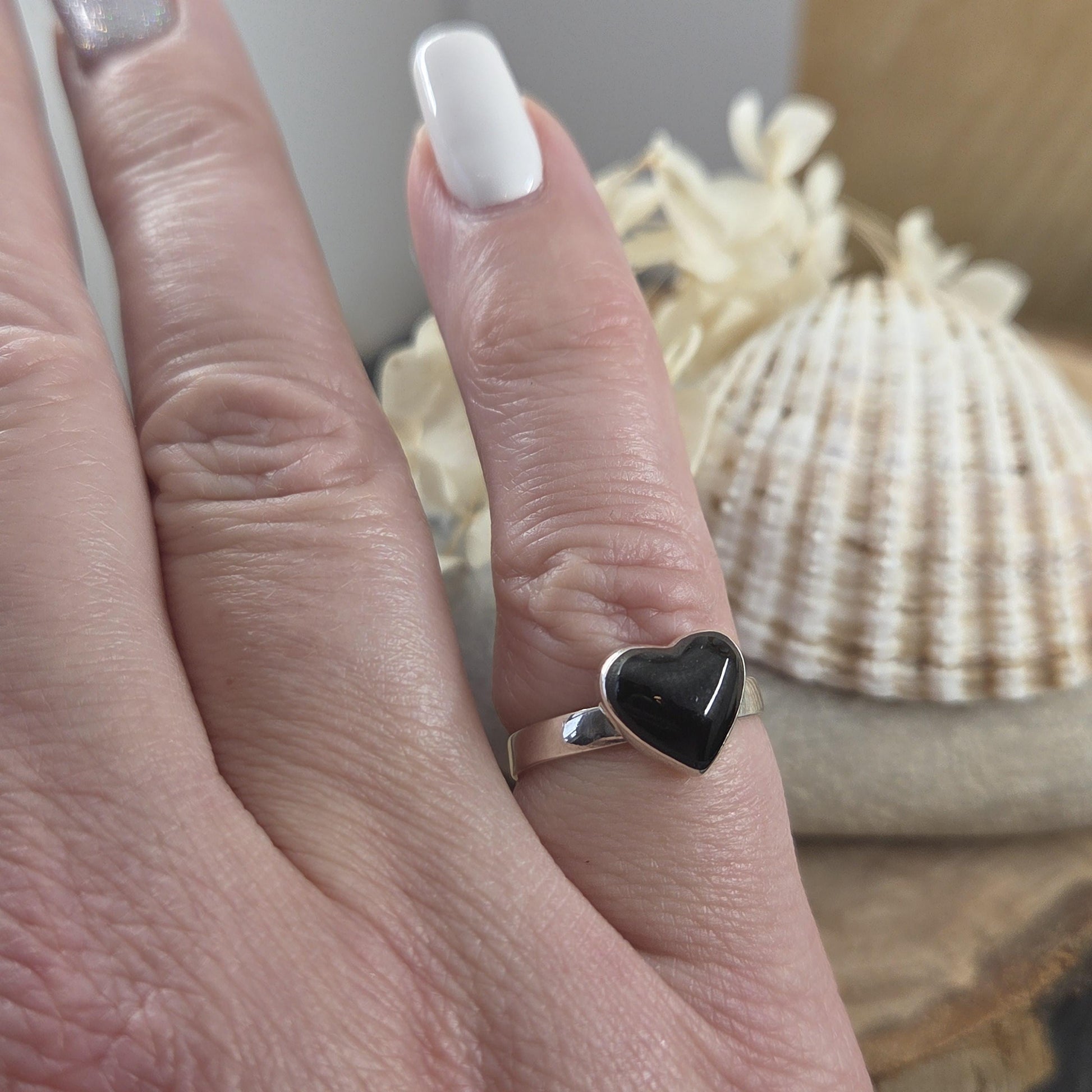 Whitby Jet Heart Adjustable Silver Ring | Whitby Jet Ring | Whitby Jet | Celtic Jewellery | Handmade Ring | Ring | Heart Ring Jones Stones