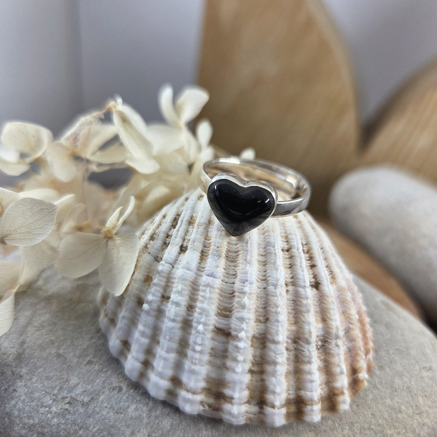 Whitby Jet Heart Adjustable Silver Ring | Whitby Jet Ring | Whitby Jet | Celtic Jewellery | Handmade Ring | Ring | Heart Ring Jones Stones