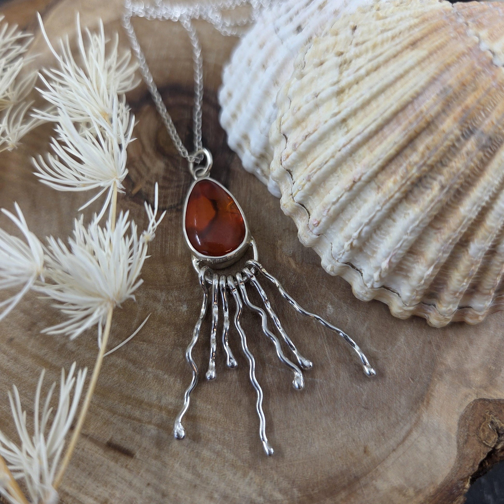 Polished Seaham Seaglass / Paua Shell Sterling 925 Silver Jellyfish Pendant Jones Stones