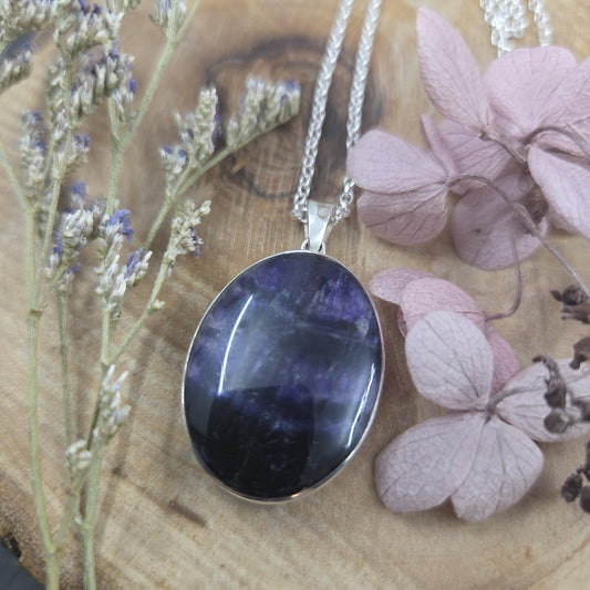 Double Sided Blue John / Whitby Jet Pendant: Sterling Silver Derbyshire Fluorite Necklace Jones Stones