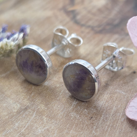 Blue John Stud Earrings: Handmade Sterling Silver 6mm Derbyshire Spar BJ1 Jones Stones