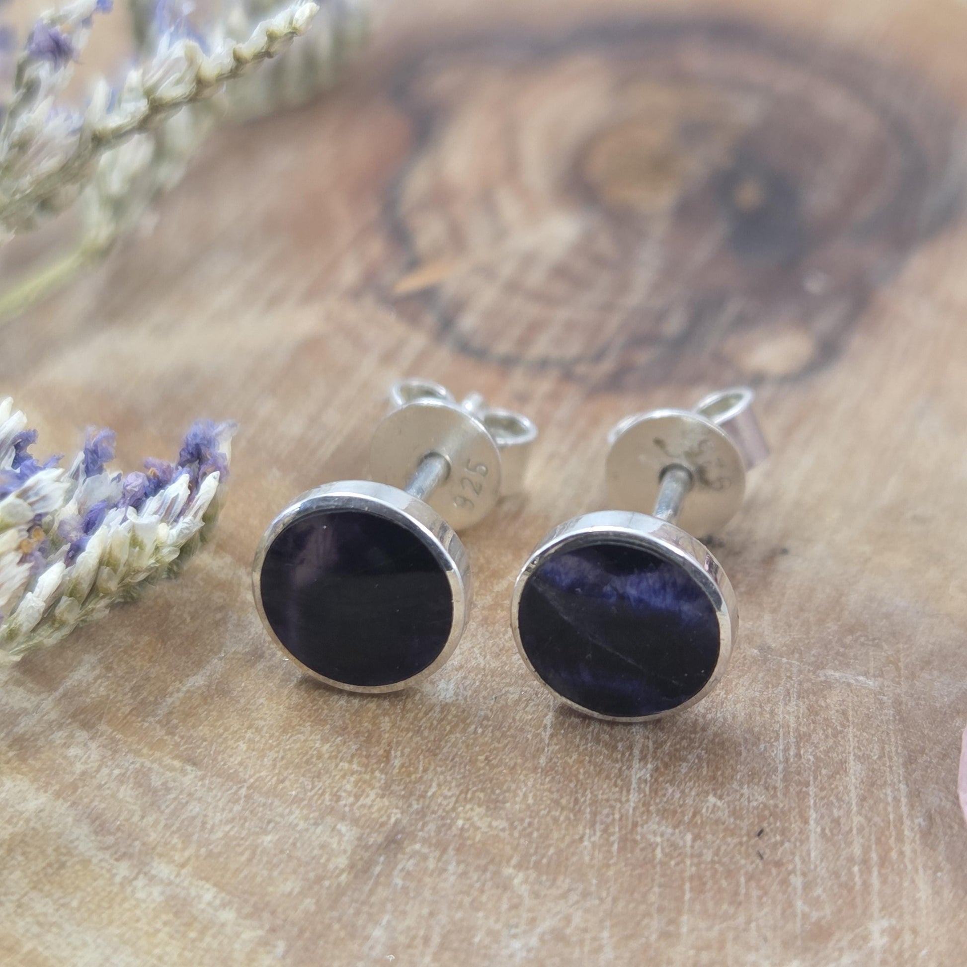 Blue John Stud Earrings: Handmade Sterling Silver 6mm Derbyshire Spar BJ2 Jones Stones