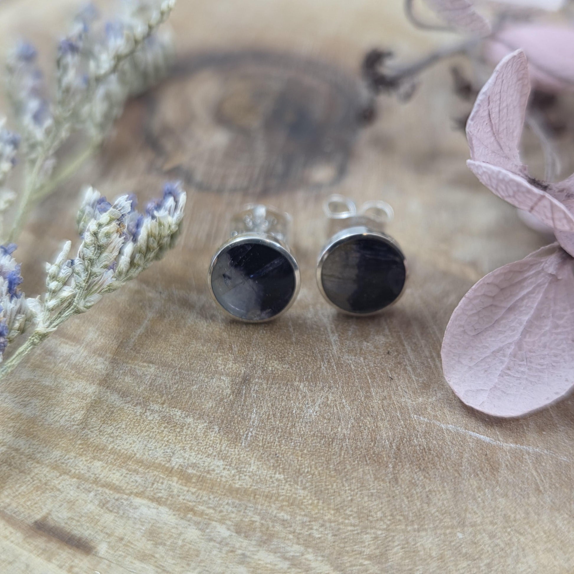 Blue John Stud Earrings: Handmade Sterling Silver 6mm Derbyshire Spar BJ3 Jones Stones