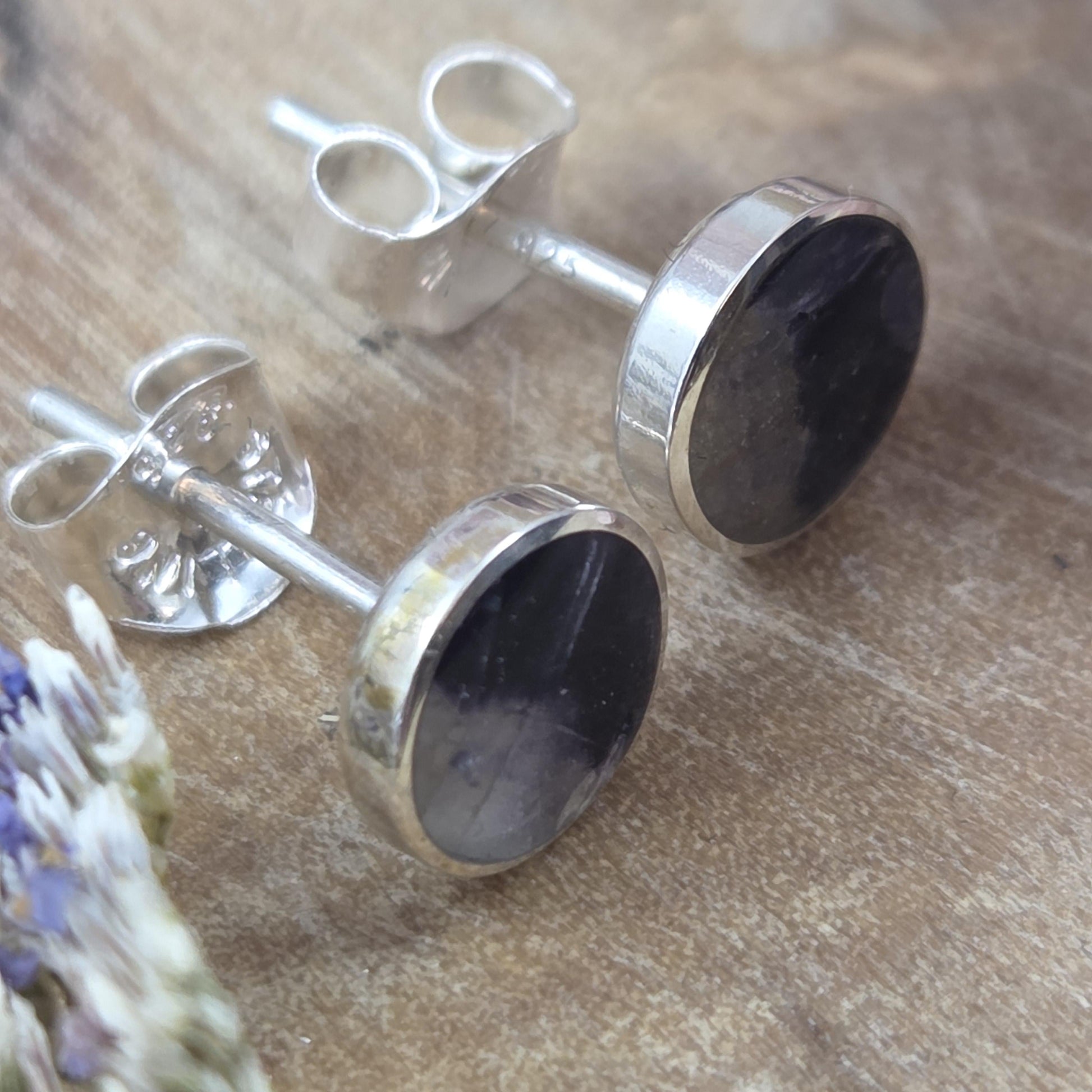 Blue John Stud Earrings: Handmade Sterling Silver 6mm Derbyshire Spar BJ3 Jones Stones