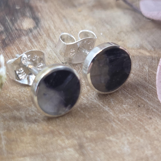 Blue John Stud Earrings: Handmade Sterling Silver 6mm Derbyshire Spar BJ3 Jones Stones