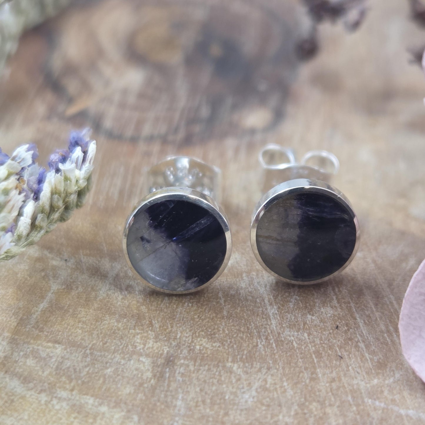 Blue John Stud Earrings: Handmade Sterling Silver 6mm Derbyshire Spar BJ3 Jones Stones