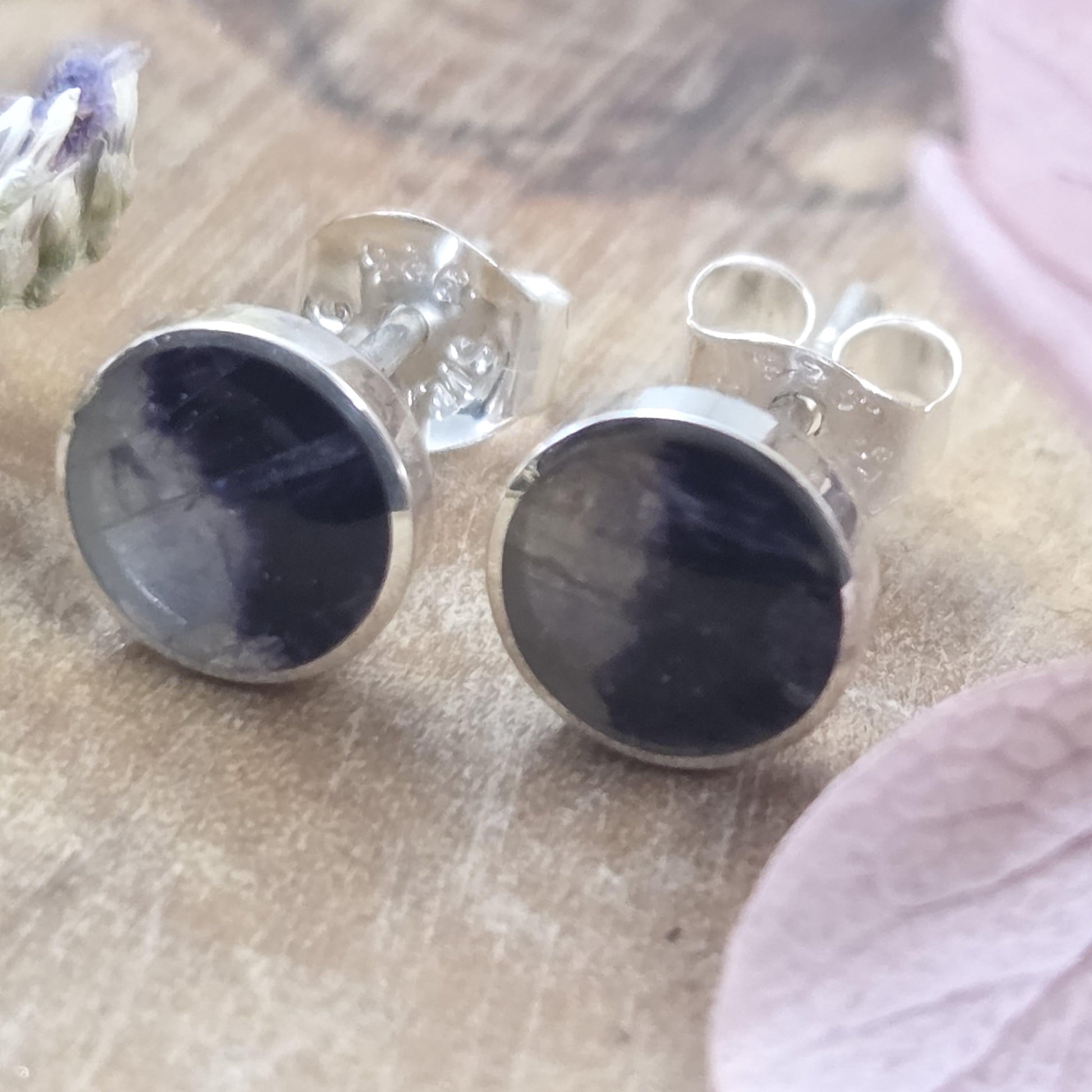 Blue John Stud Earrings: Handmade Sterling Silver 6mm Derbyshire Spar BJ3 Jones Stones