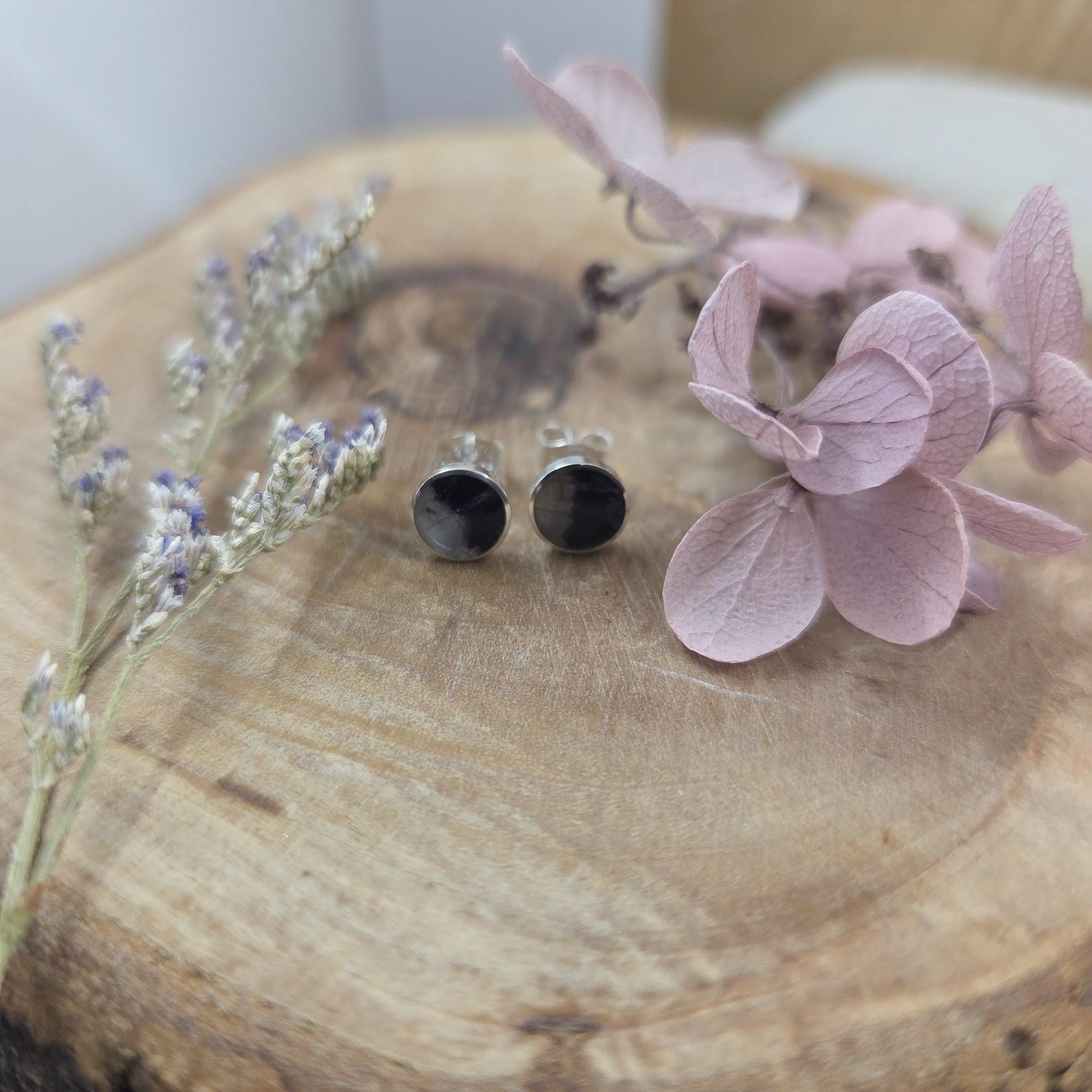 Blue John Stud Earrings: Handmade Sterling Silver 6mm Derbyshire Spar BJ3 Jones Stones