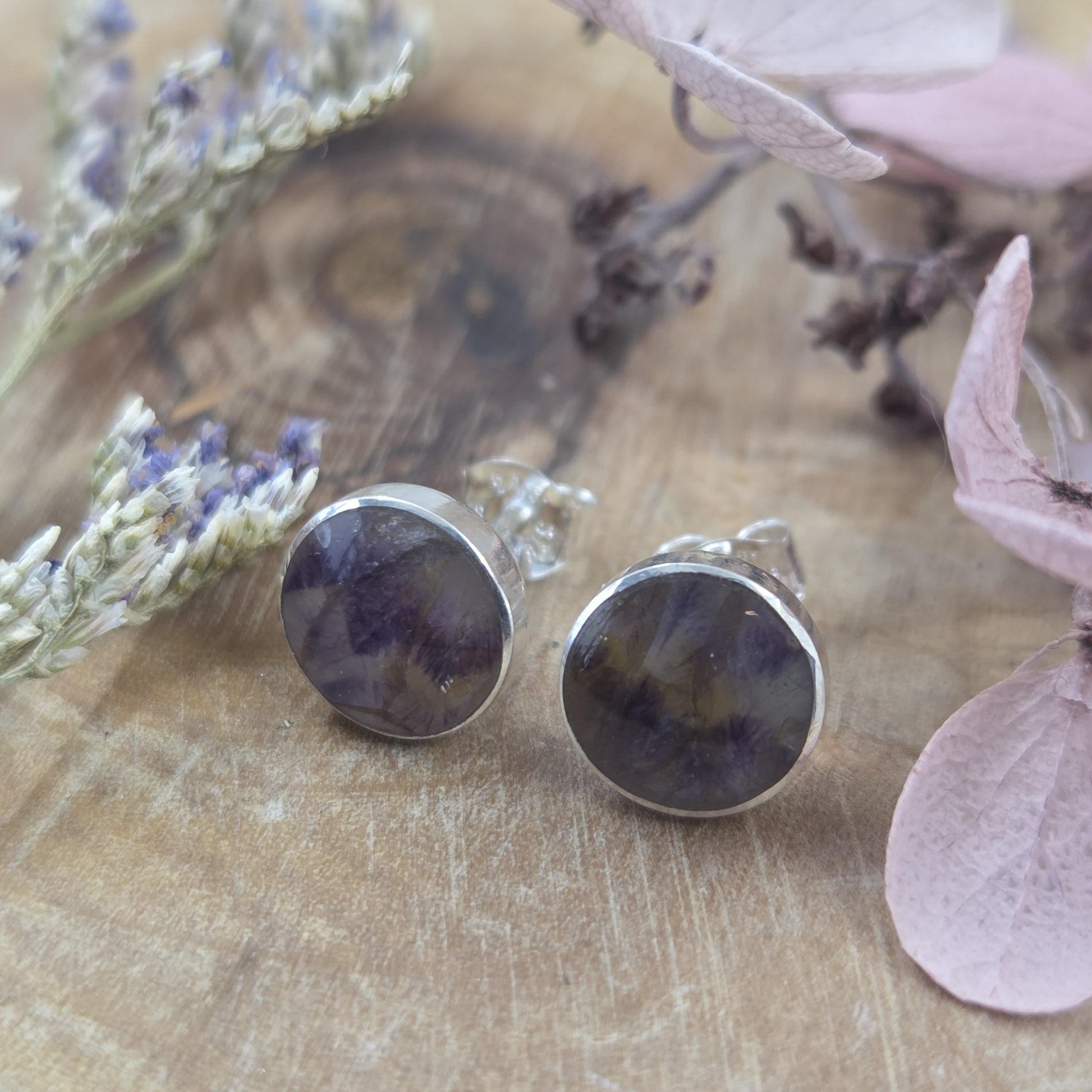 Blue John Stud Earrings: Handmade Sterling Silver 8mm Derbyshire Spar BJ4 Jones Stones