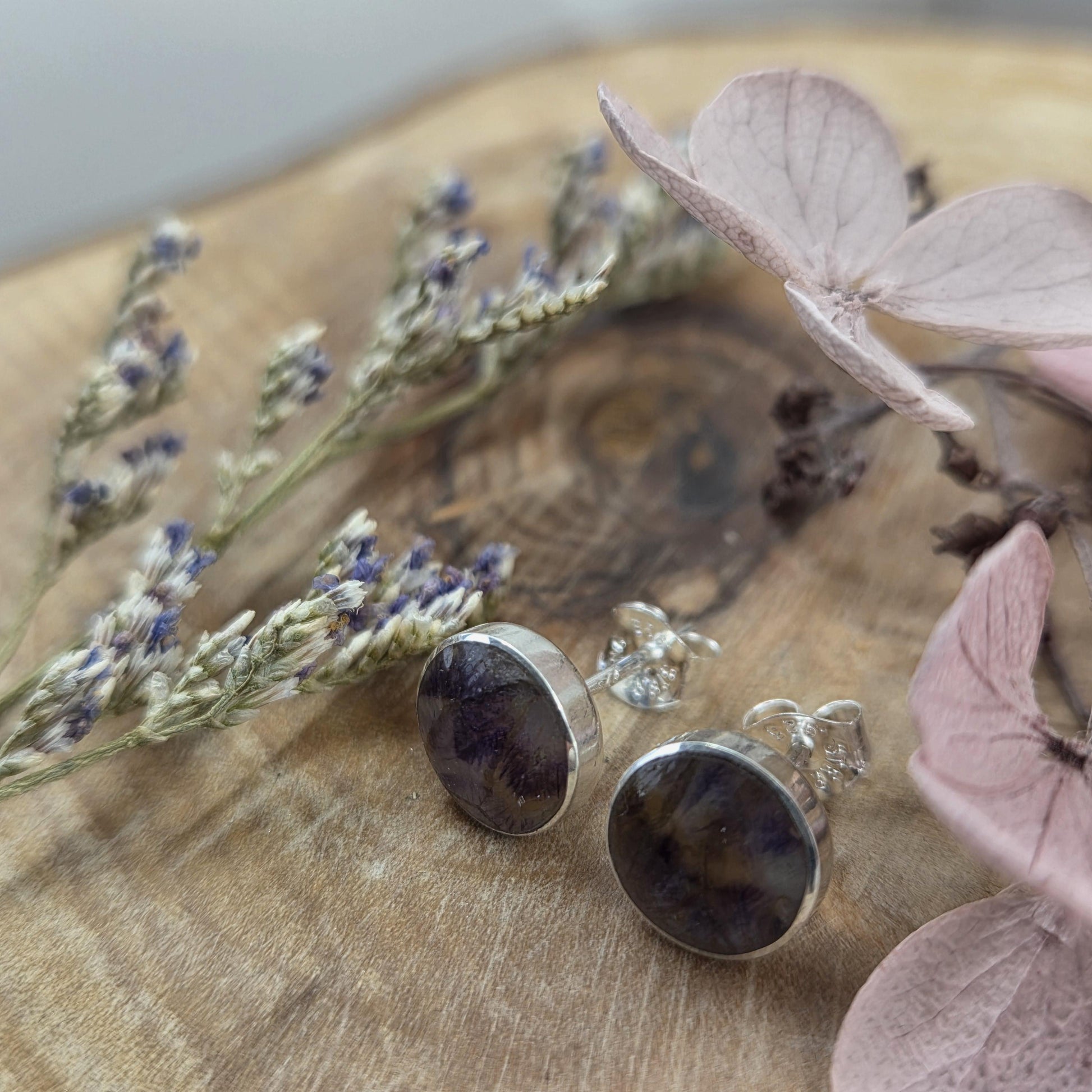 Blue John Stud Earrings: Handmade Sterling Silver 8mm Derbyshire Spar BJ4 Jones Stones