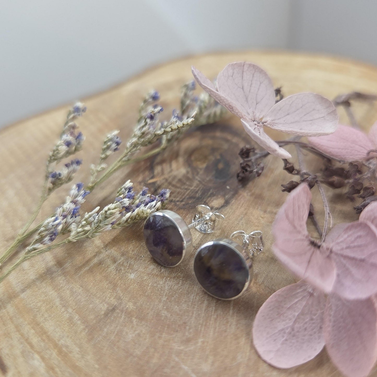 Blue John Stud Earrings: Handmade Sterling Silver 8mm Derbyshire Spar BJ4 Jones Stones