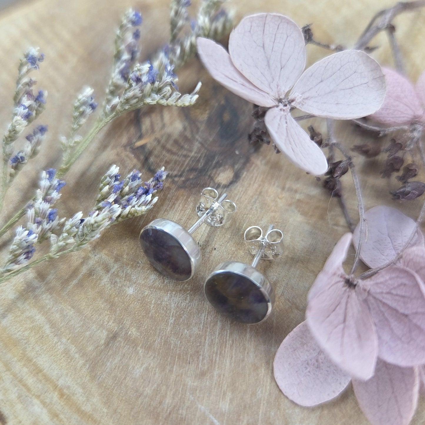 Blue John Stud Earrings: Handmade Sterling Silver 8mm Derbyshire Spar BJ4 Jones Stones