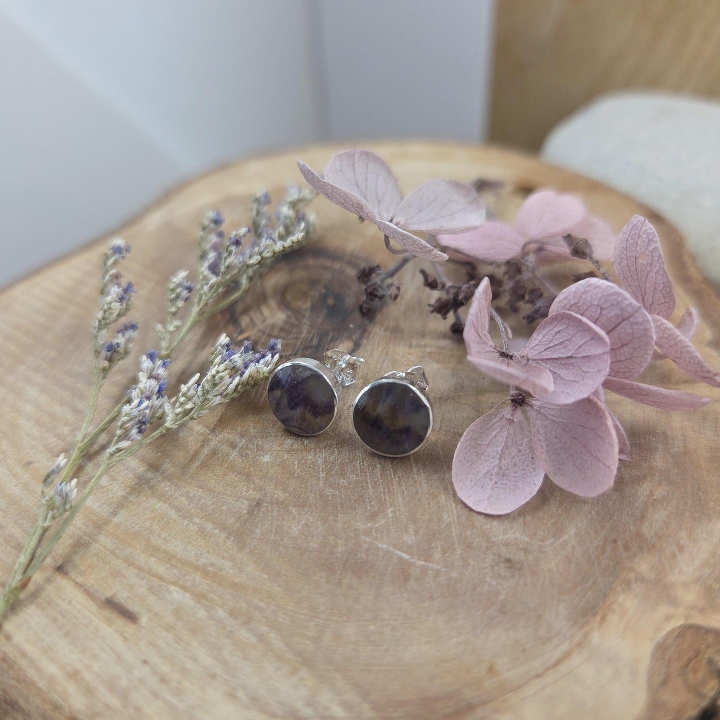 Blue John Stud Earrings: Handmade Sterling Silver 8mm Derbyshire Spar BJ4 Jones Stones