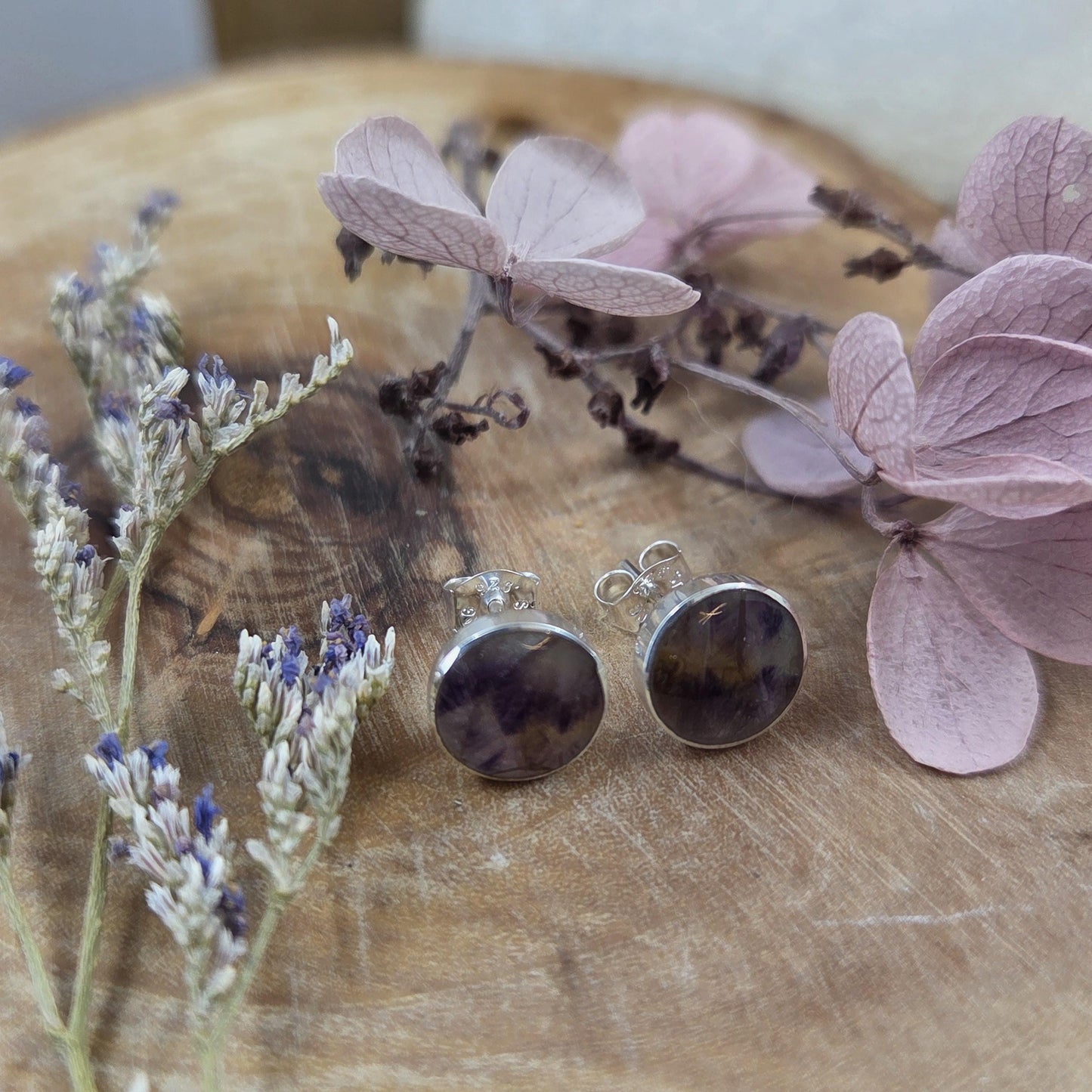 Blue John Stud Earrings: Handmade Sterling Silver 8mm Derbyshire Spar BJ4 Jones Stones