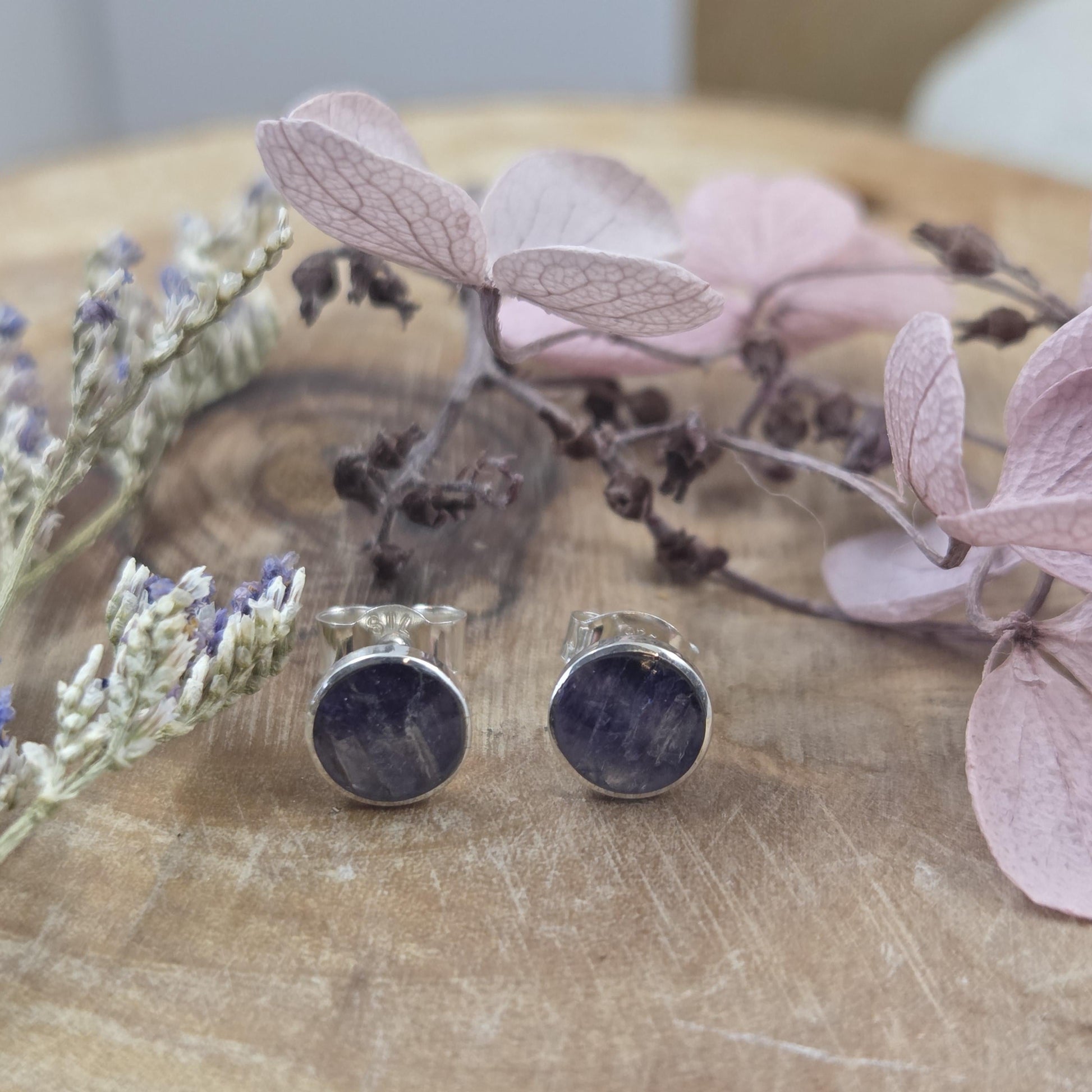 Blue John Stud Earrings: Handmade Sterling Silver 6mm Derbyshire Spar BJ5 Jones Stones