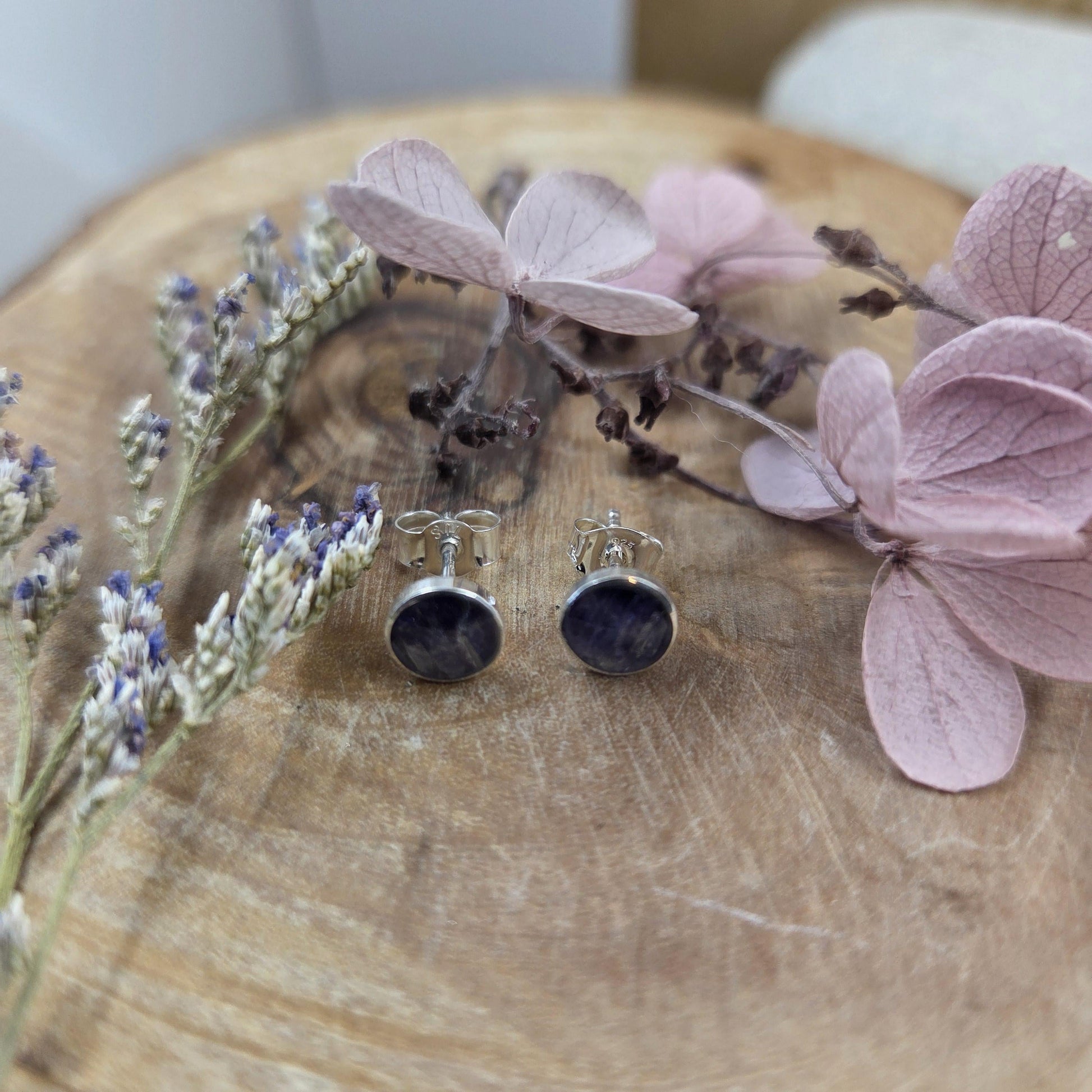 Blue John Stud Earrings: Handmade Sterling Silver 6mm Derbyshire Spar BJ5 Jones Stones