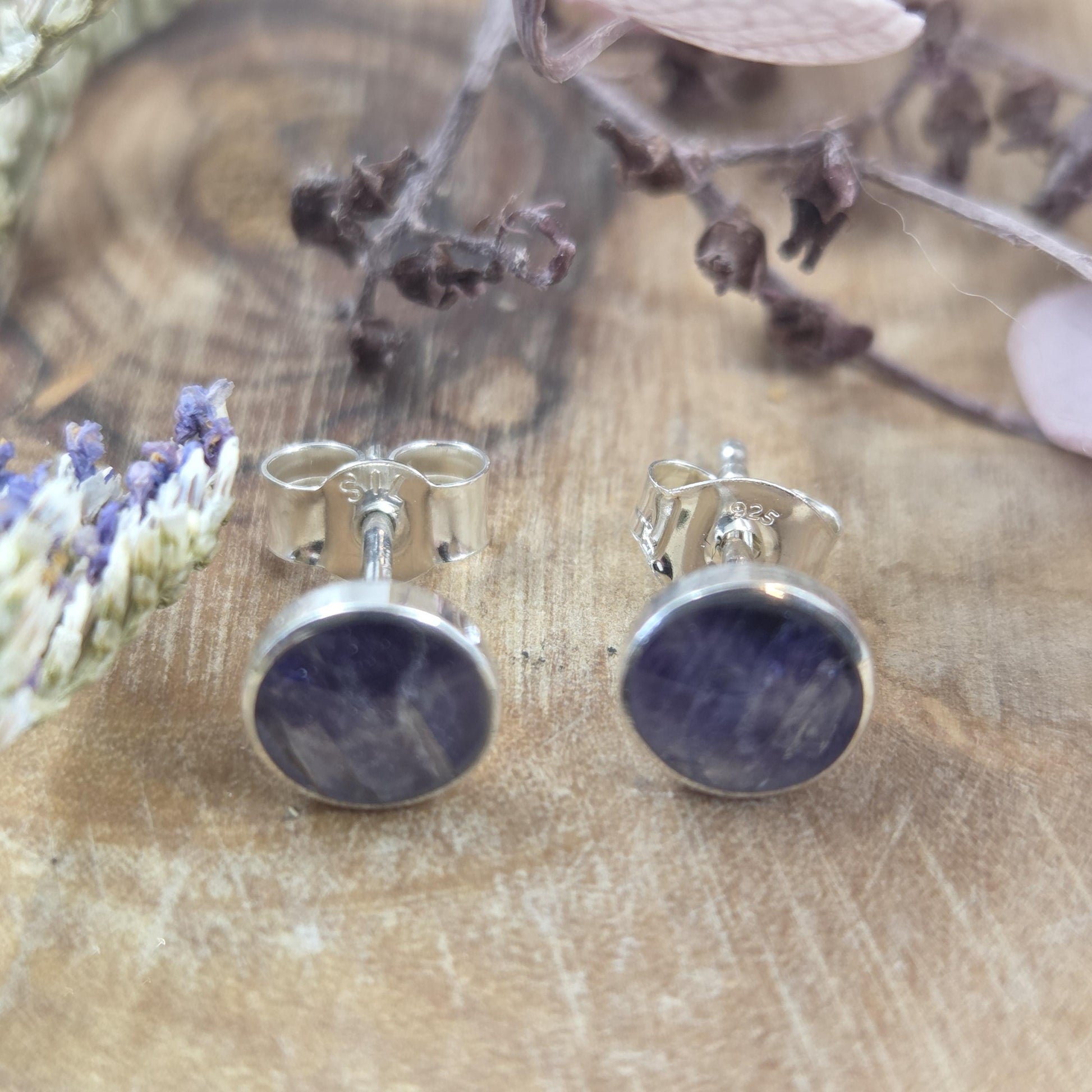 Blue John Stud Earrings: Handmade Sterling Silver 6mm Derbyshire Spar BJ5 Jones Stones