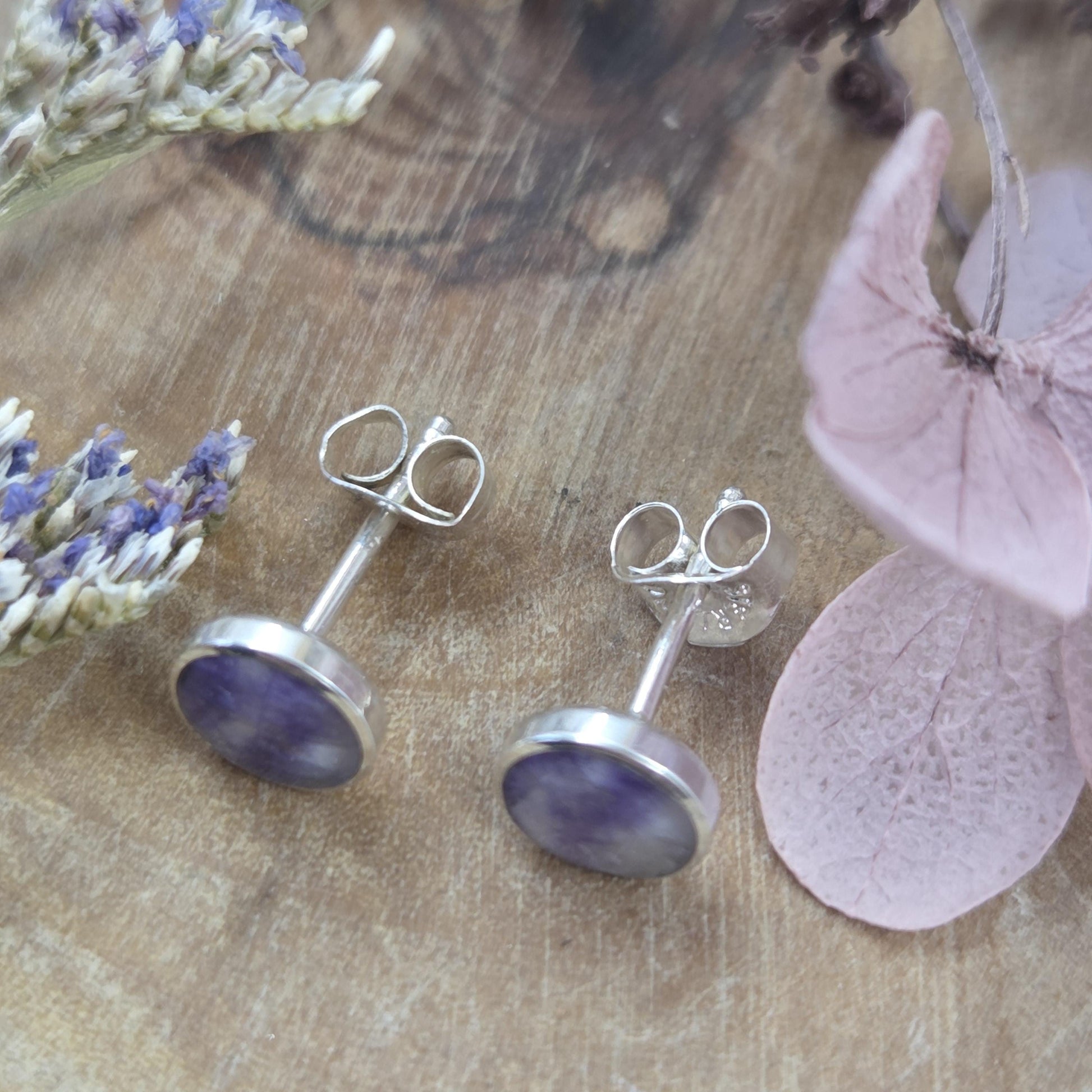 Blue John Stud Earrings: Handmade Sterling Silver 6mm Derbyshire Spar BJ6 Jones Stones