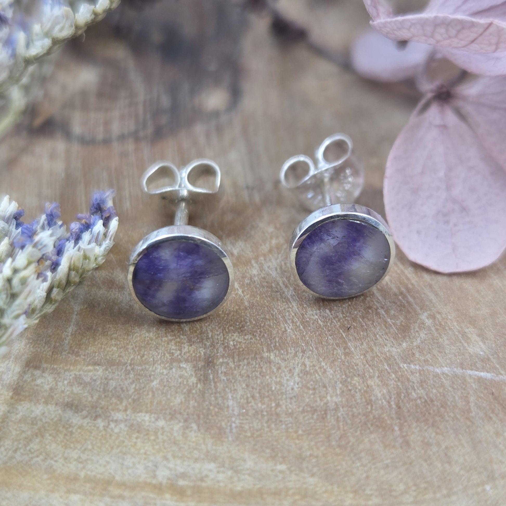 Blue John Stud Earrings: Handmade Sterling Silver 6mm Derbyshire Spar BJ6 Jones Stones