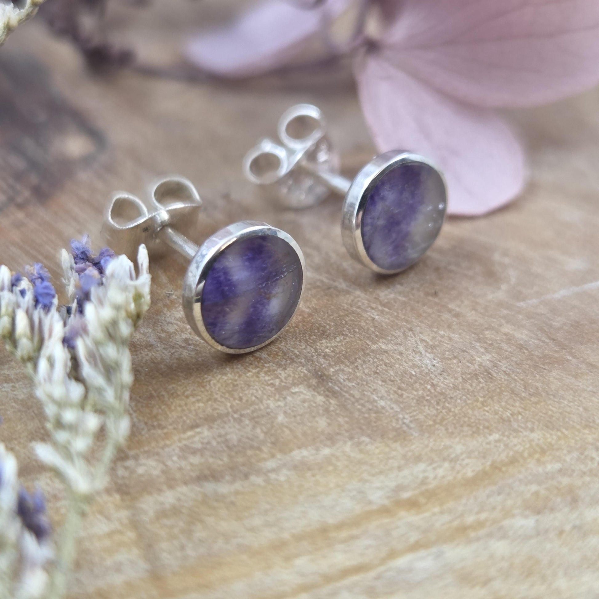 Blue John Stud Earrings: Handmade Sterling Silver 6mm Derbyshire Spar BJ6 Jones Stones