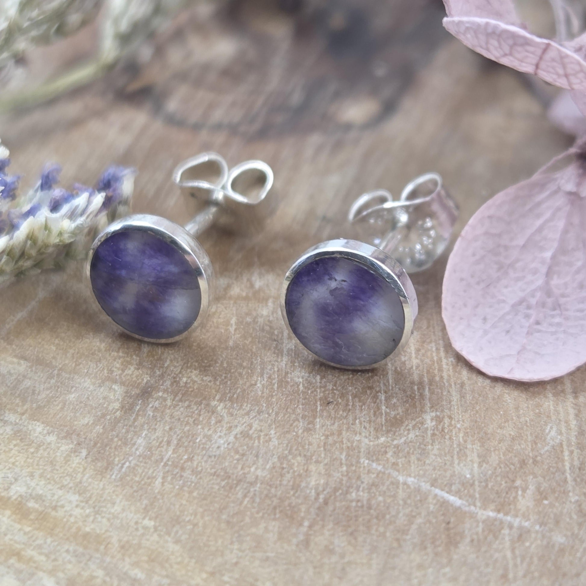 Blue John Stud Earrings: Handmade Sterling Silver 6mm Derbyshire Spar BJ6 Jones Stones