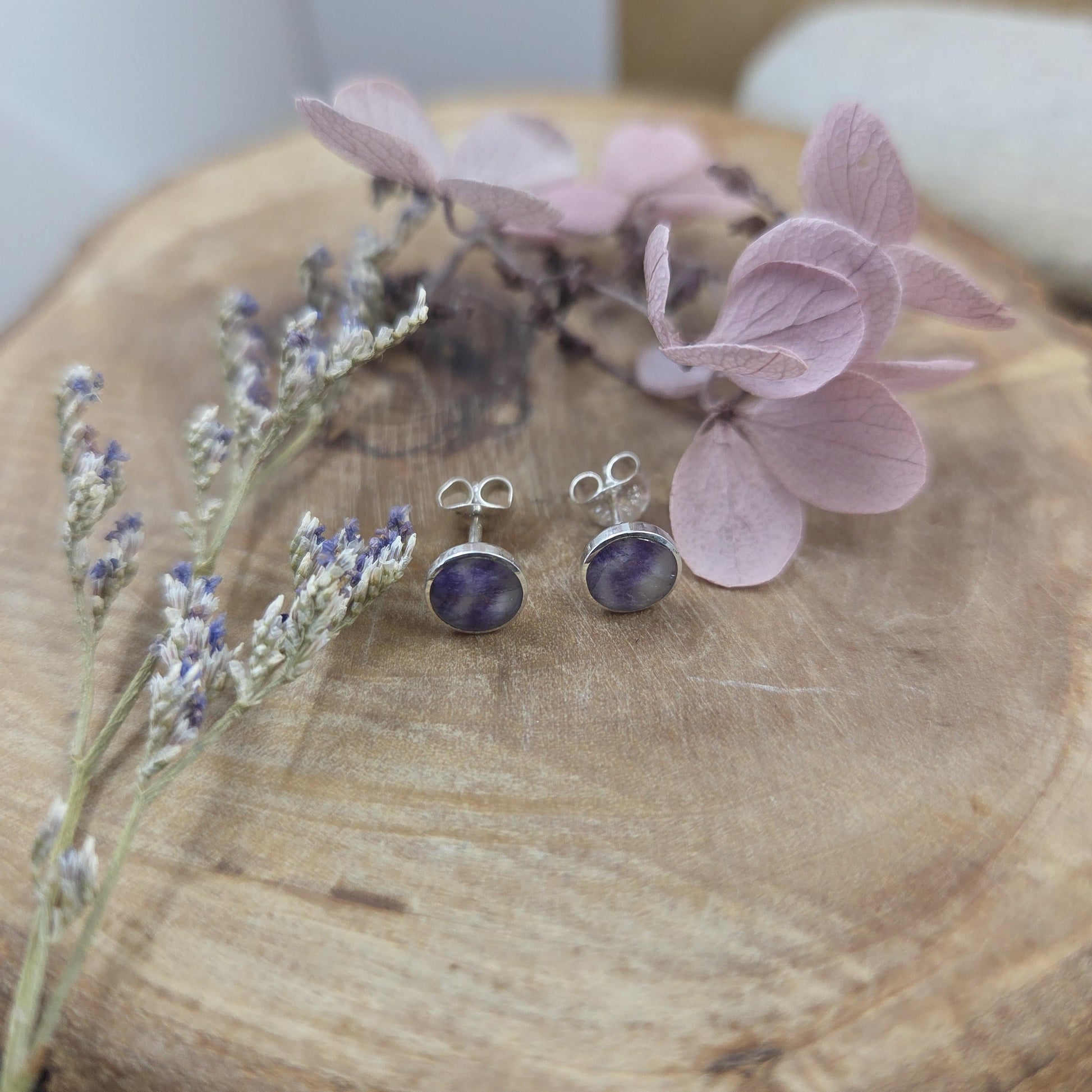 Blue John Stud Earrings: Handmade Sterling Silver 6mm Derbyshire Spar BJ6 Jones Stones