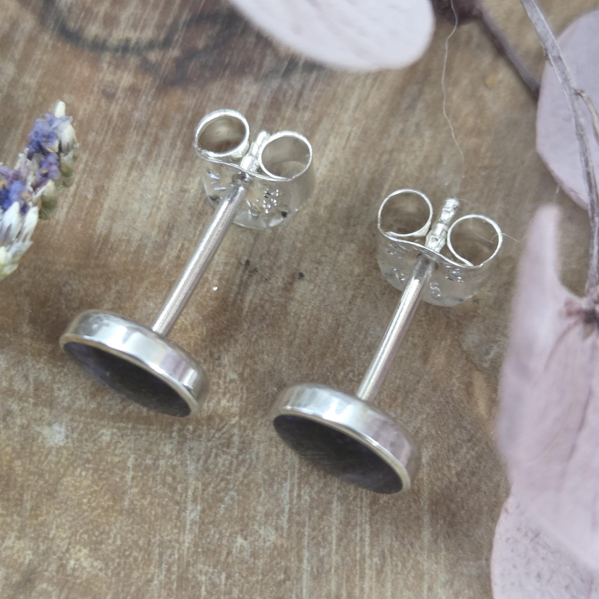 Blue John Stud Earrings: Handmade Sterling Silver 6mm Derbyshire Spar BJ8 Jones Stones