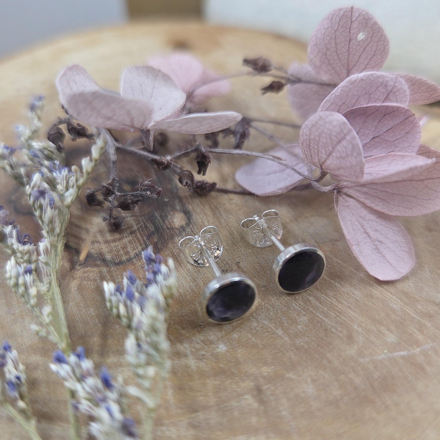 Blue John Stud Earrings: Handmade Sterling Silver 6mm Derbyshire Spar BJ8 Jones Stones
