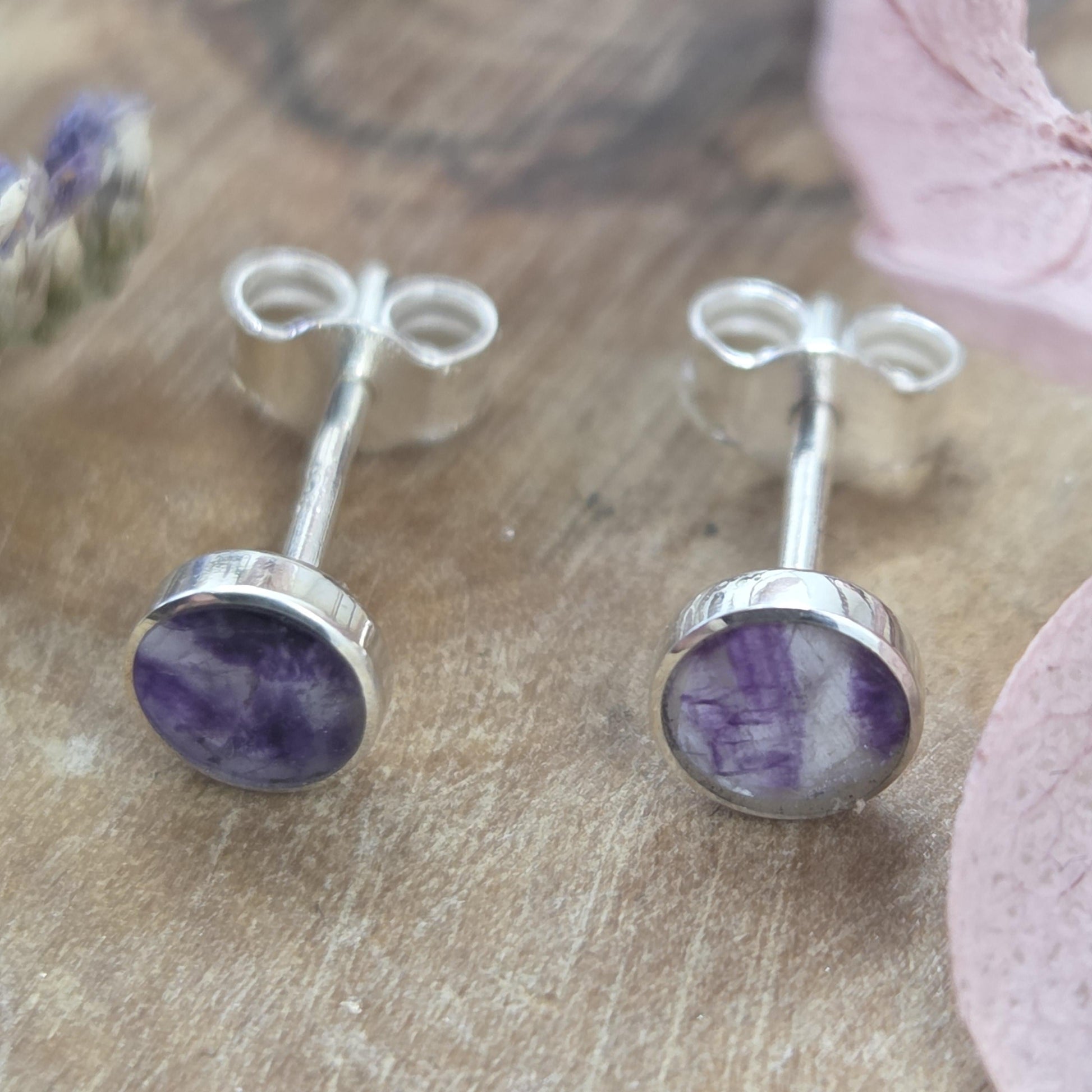 Blue John Stud Earrings: Handmade Sterling Silver 4mm Derbyshire Spar BJ9 Jones Stones
