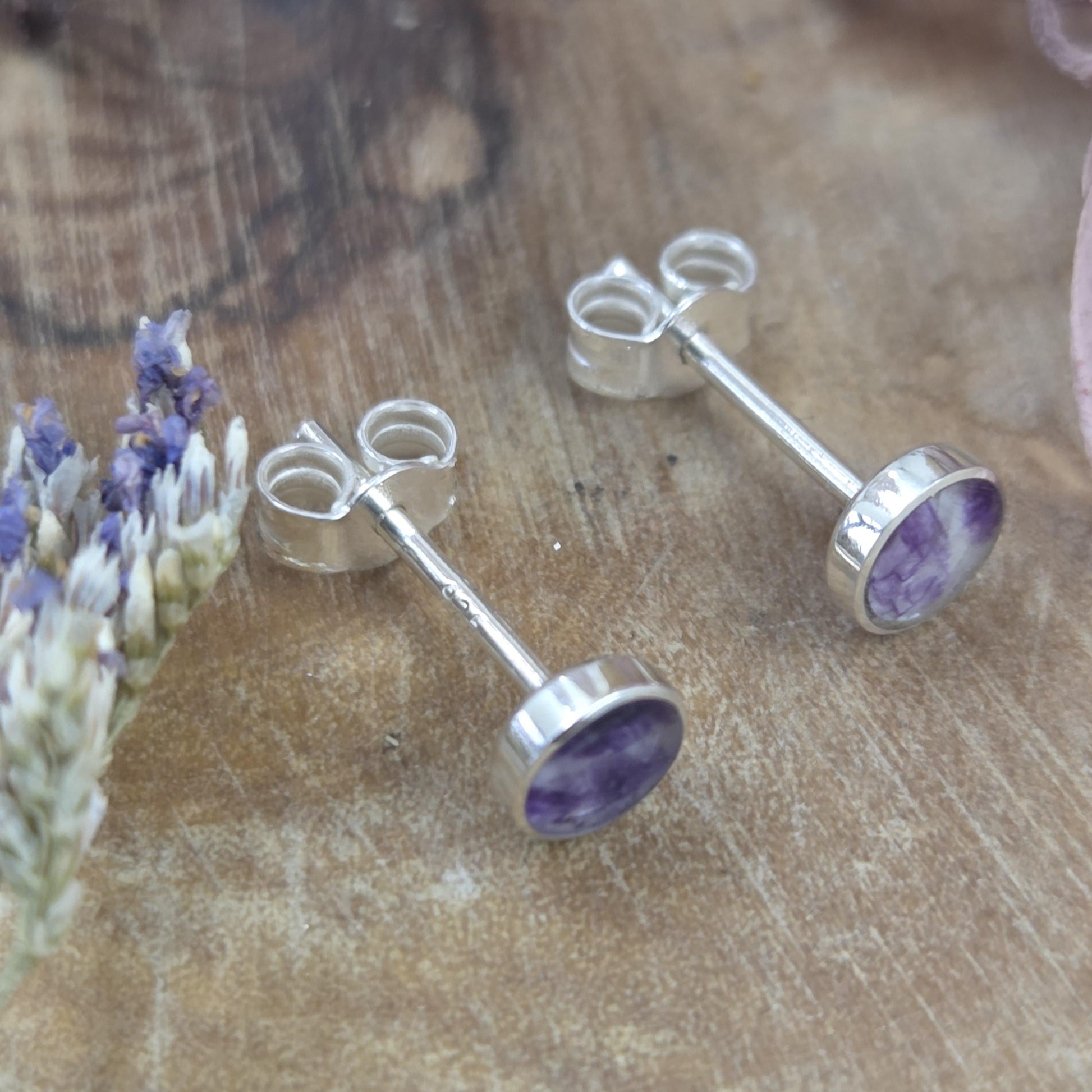 Blue John Stud Earrings: Handmade Sterling Silver 4mm Derbyshire Spar BJ9 Jones Stones