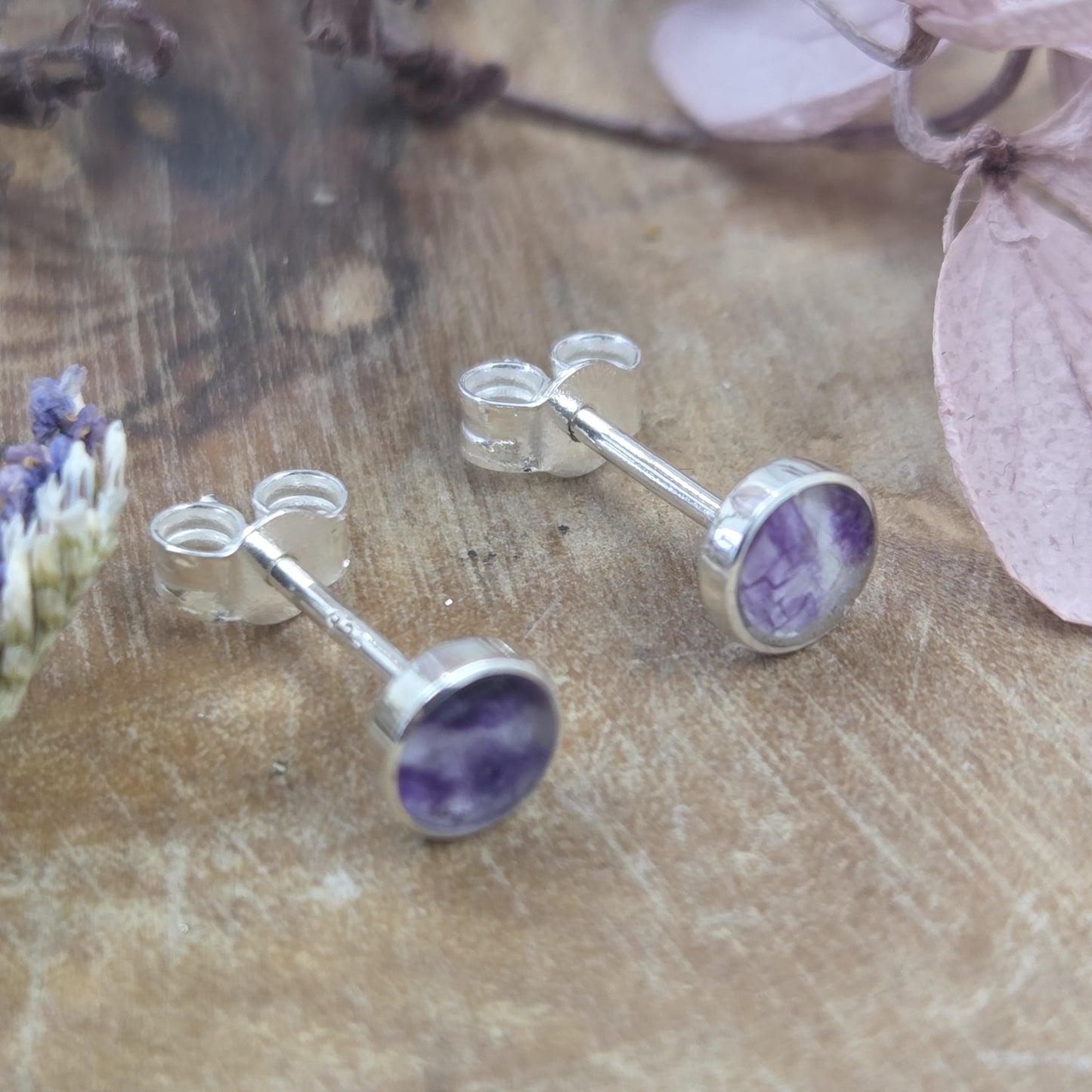 Blue John Stud Earrings: Handmade Sterling Silver 4mm Derbyshire Spar BJ9 Jones Stones