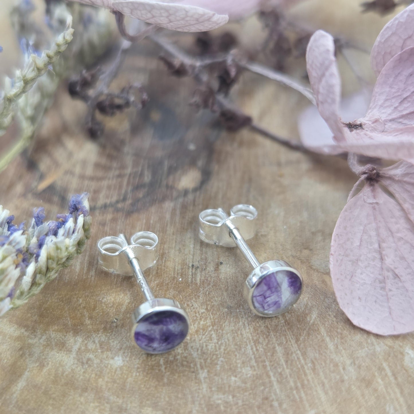 Blue John Stud Earrings: Handmade Sterling Silver 4mm Derbyshire Spar BJ9 Jones Stones