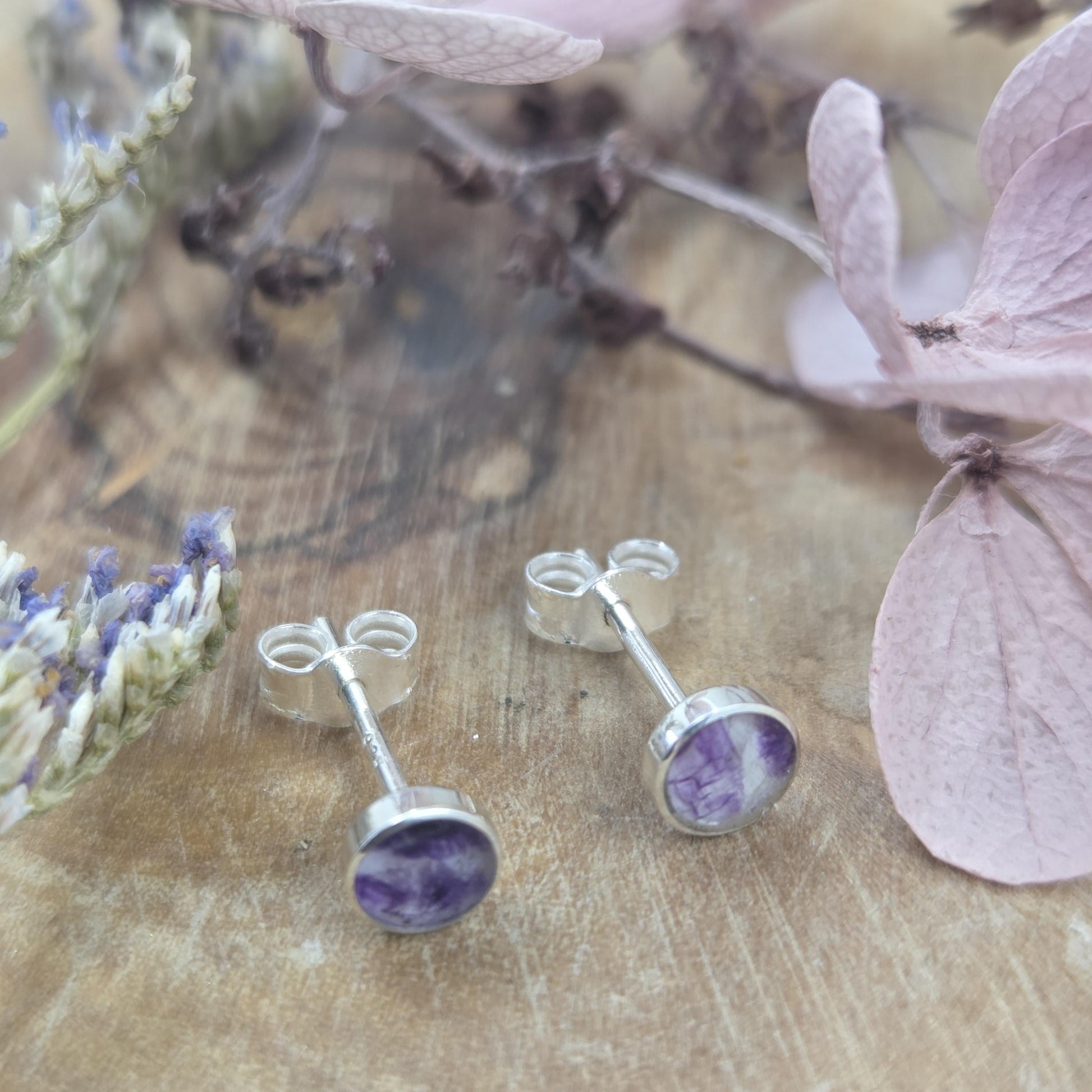 Blue John Stud Earrings: Handmade Sterling Silver 4mm Derbyshire Spar BJ9 Jones Stones