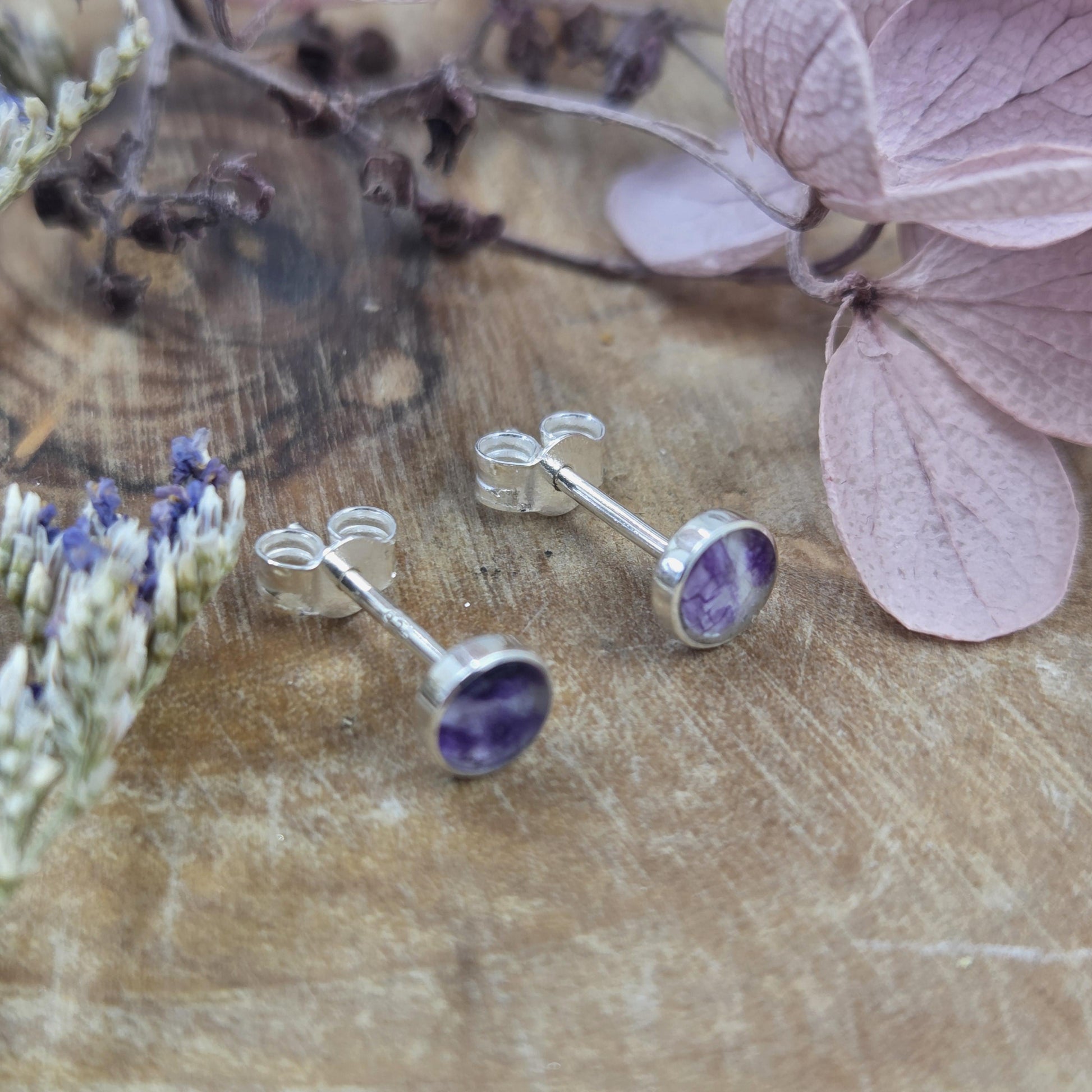 Blue John Stud Earrings: Handmade Sterling Silver 4mm Derbyshire Spar BJ9 Jones Stones