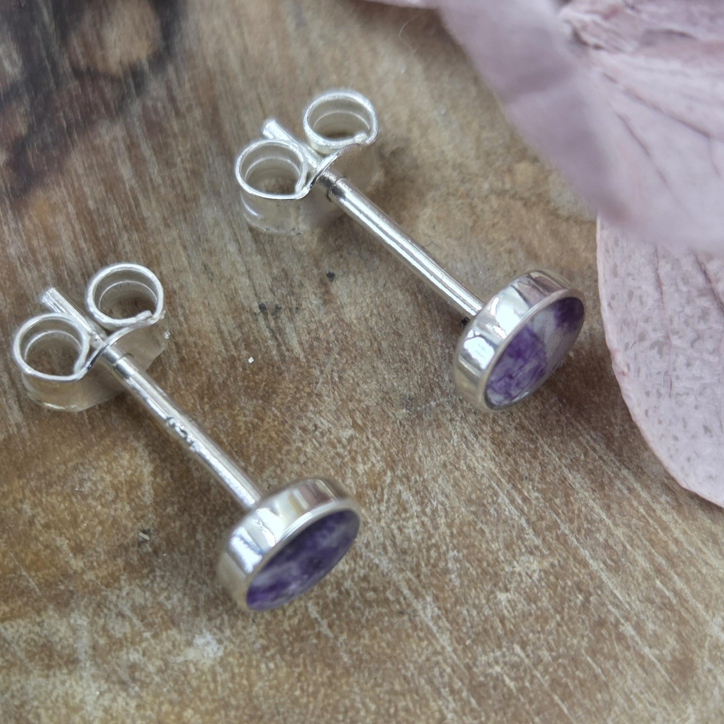 Blue John Stud Earrings: Handmade Sterling Silver 4mm Derbyshire Spar BJ9 Jones Stones