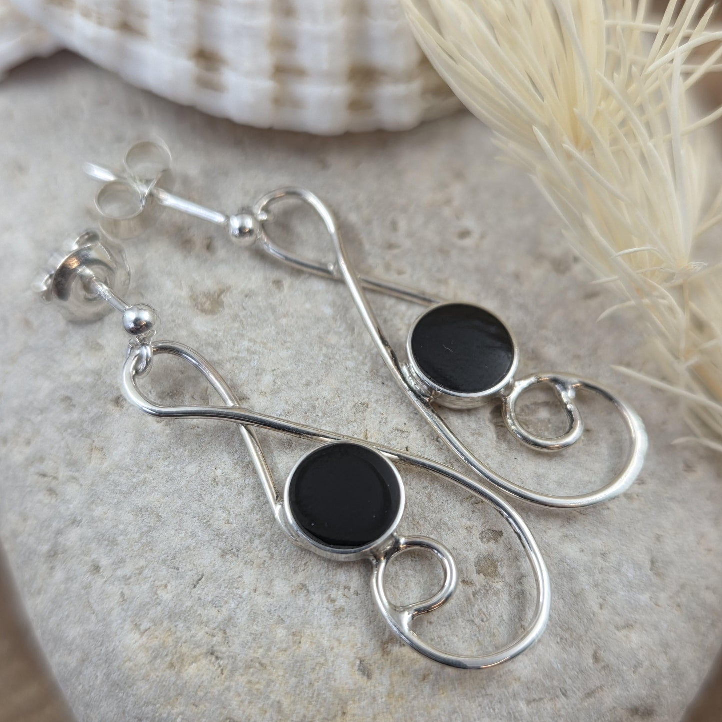 Handmade Whitby Jet Sterling Silver Drop Earrings Jones Stones
