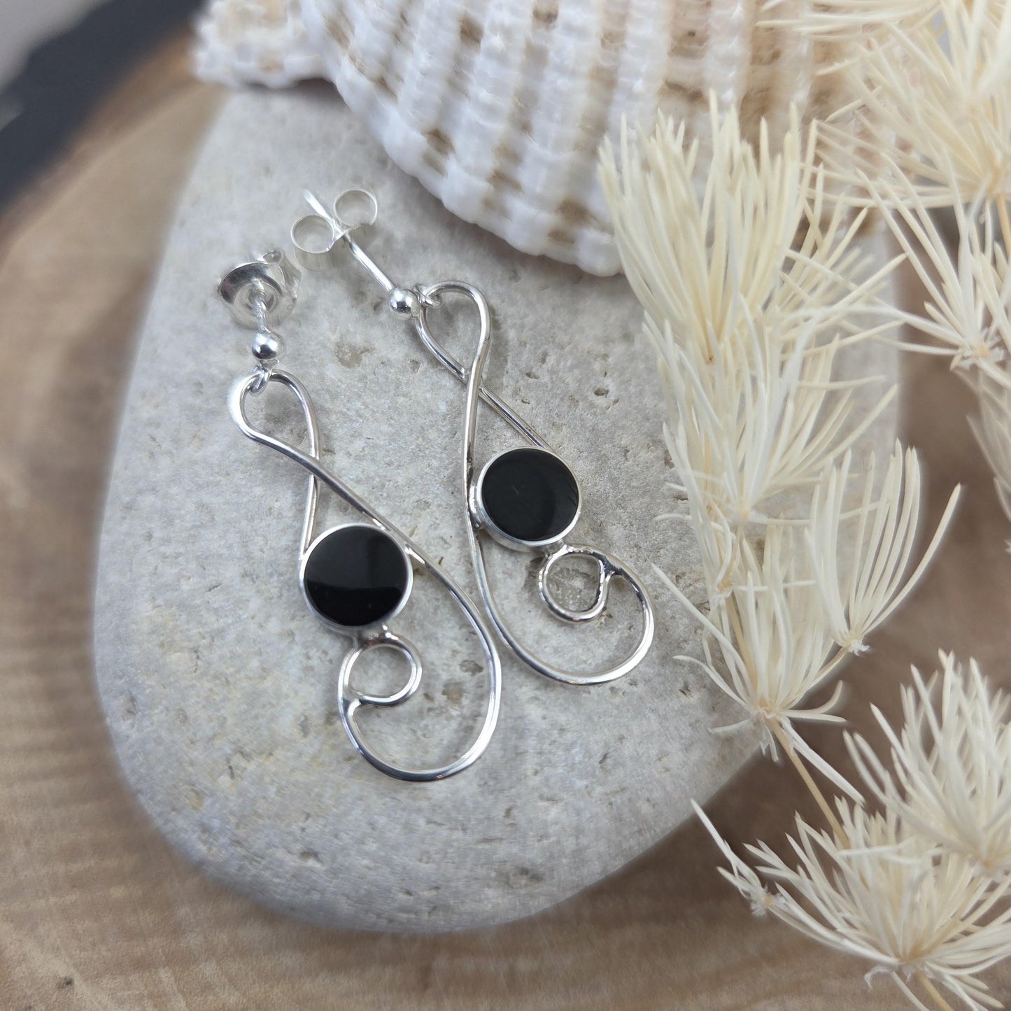 Handmade Whitby Jet Sterling Silver Drop Earrings Jones Stones
