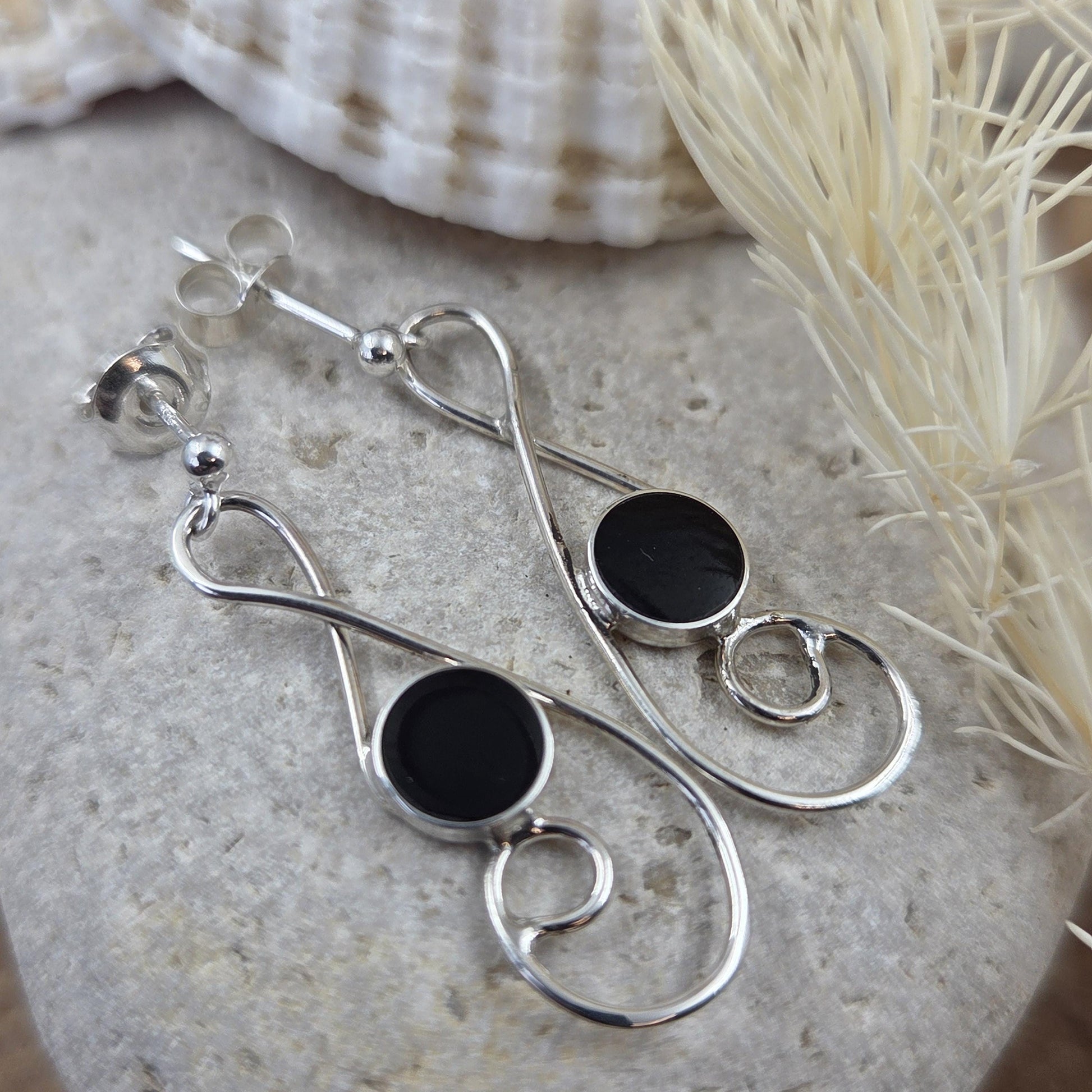 Handmade Whitby Jet Sterling Silver Drop Earrings Jones Stones