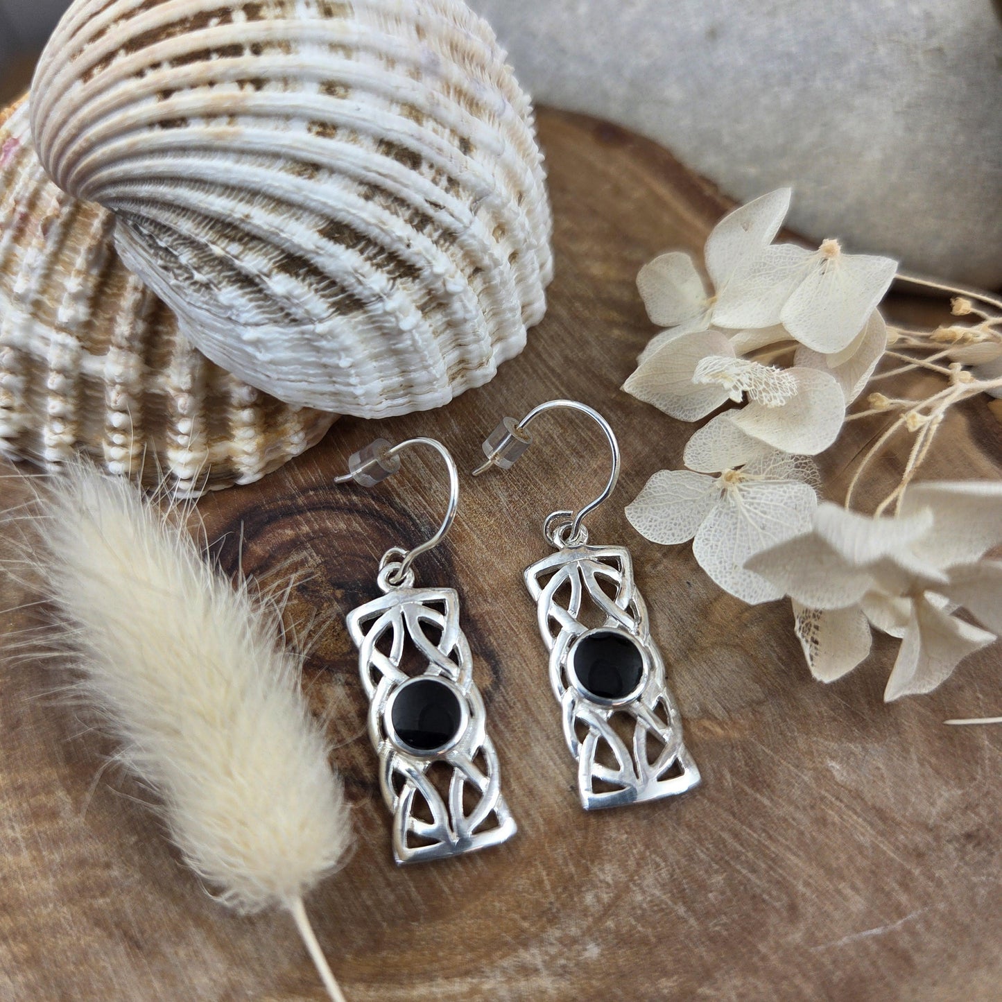 Handmade Whitby Jet Celtic Style Box Drop Earrings | Sterling Silver Jones Stones