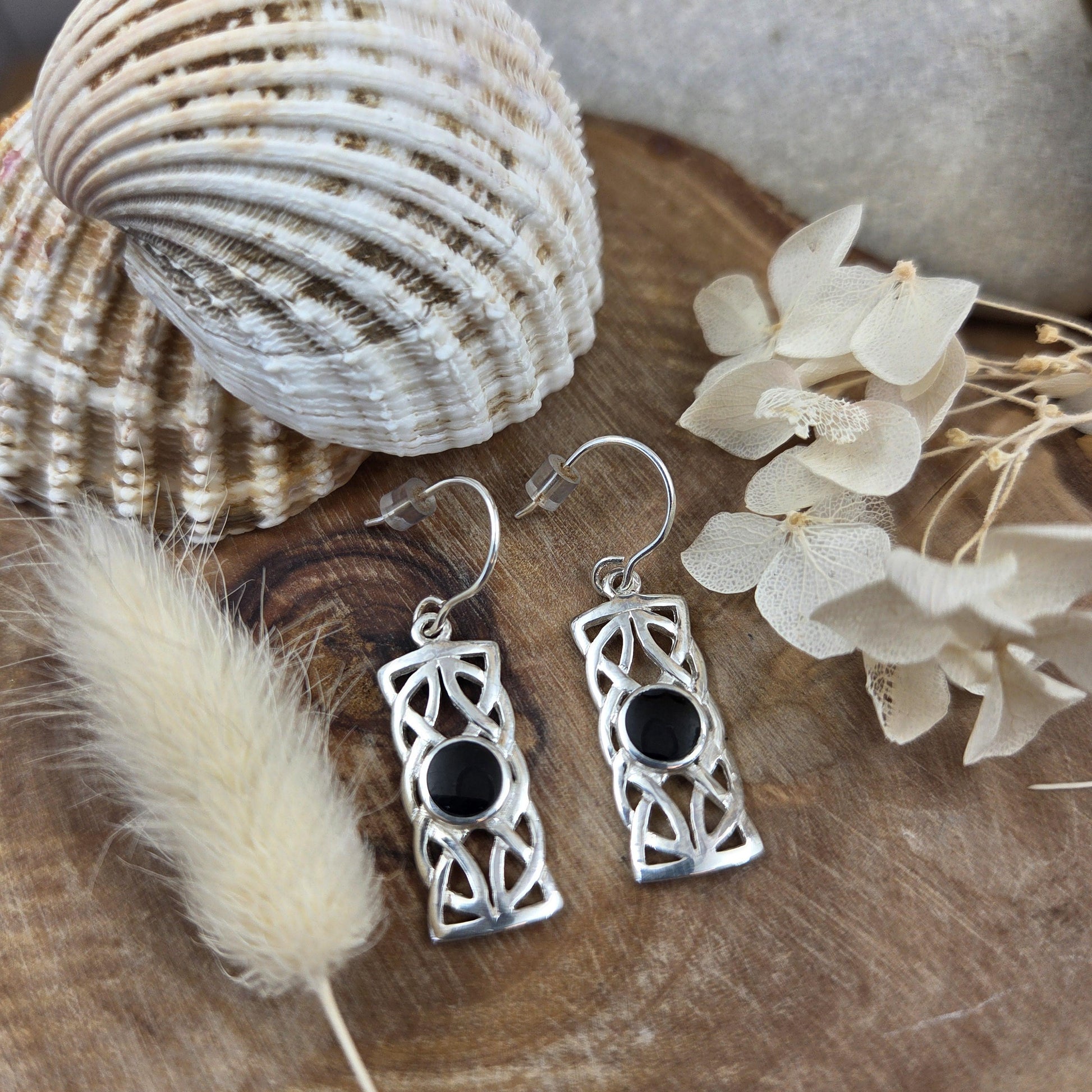 Handmade Whitby Jet Celtic Style Box Drop Earrings | Sterling Silver Jones Stones