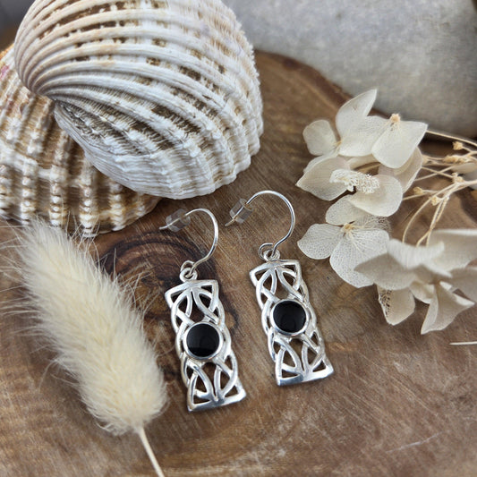 Handmade Whitby Jet Celtic Style Box Drop Earrings | Sterling Silver Jones Stones