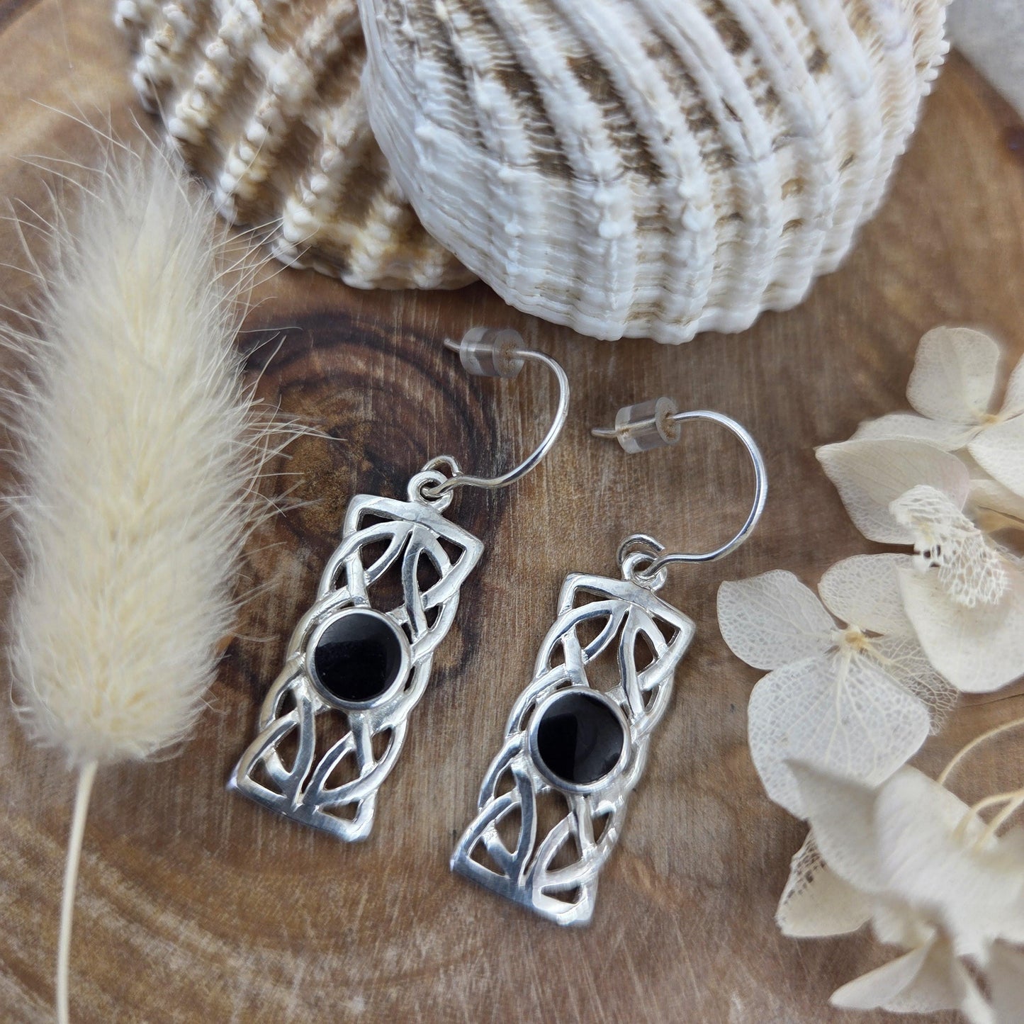 Handmade Whitby Jet Celtic Style Box Drop Earrings | Sterling Silver Jones Stones