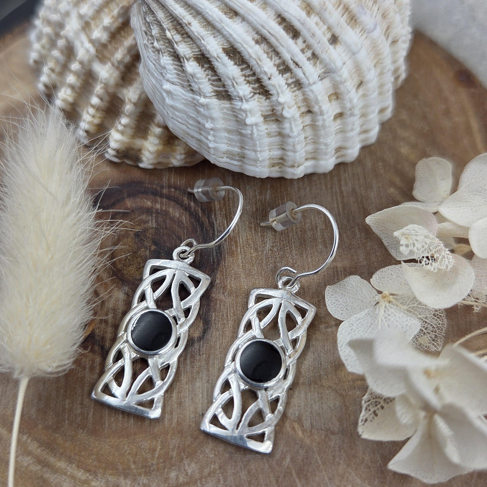 Handmade Whitby Jet Celtic Style Box Drop Earrings | Sterling Silver Jones Stones