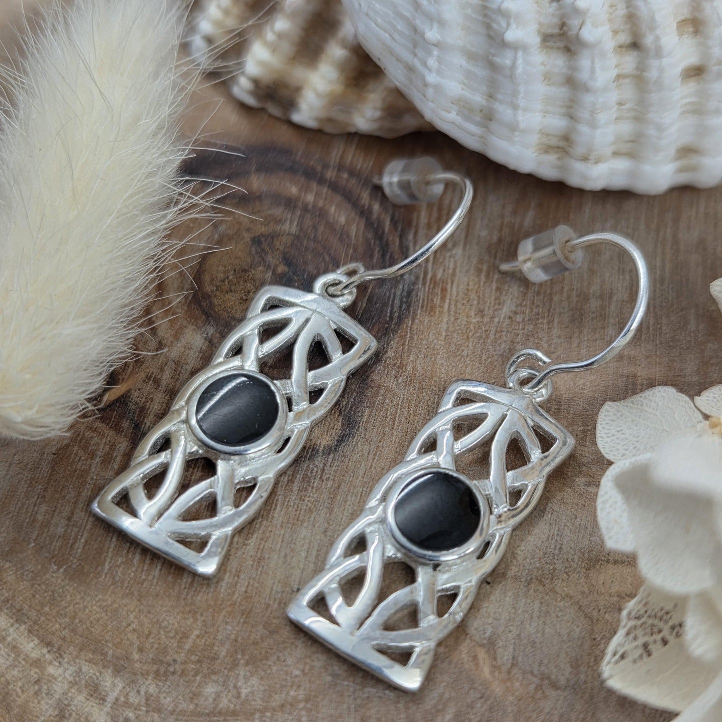 Handmade Whitby Jet Celtic Style Box Drop Earrings | Sterling Silver Jones Stones