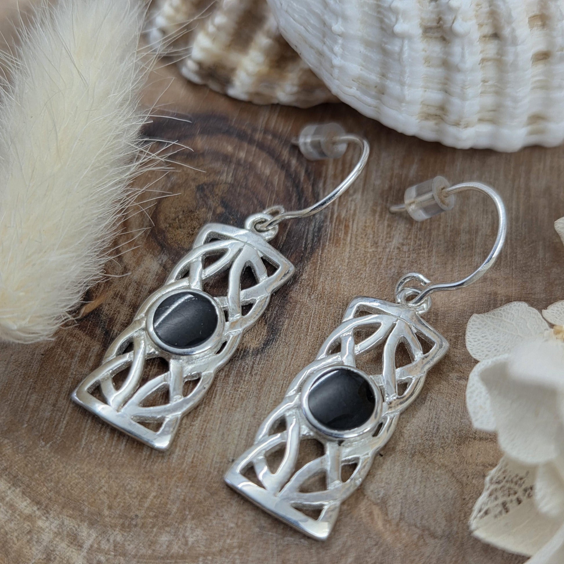 Handmade Whitby Jet Celtic Style Box Drop Earrings | Sterling Silver Jones Stones