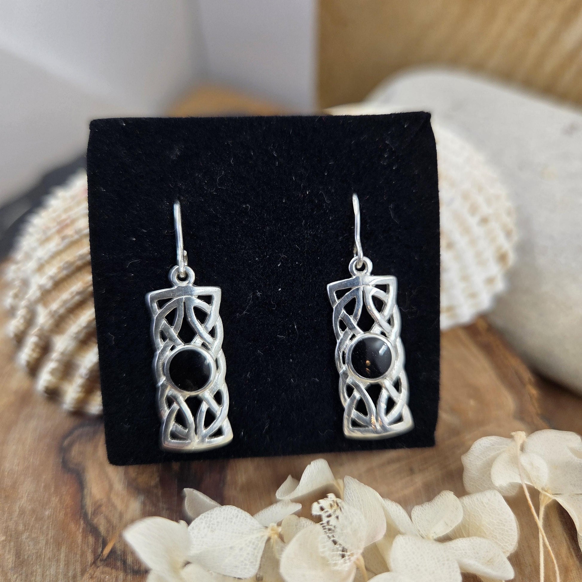 Handmade Whitby Jet Celtic Style Box Drop Earrings | Sterling Silver Jones Stones